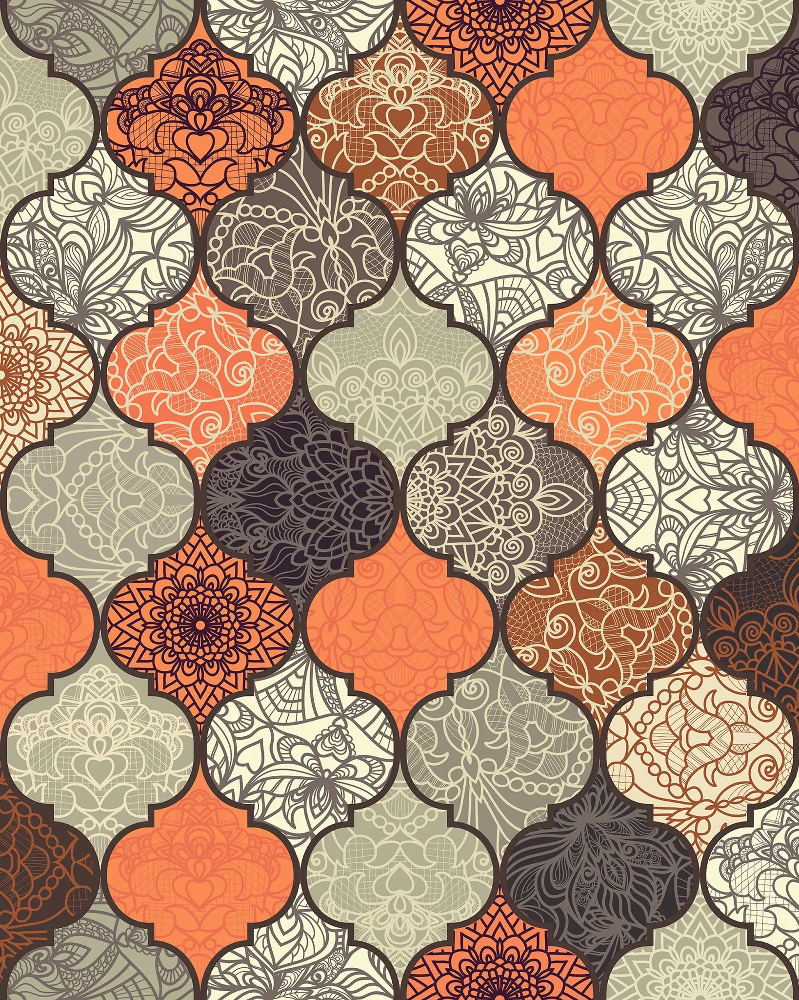 Patterned fabric with geometric shapes in orange, gray, and brown.