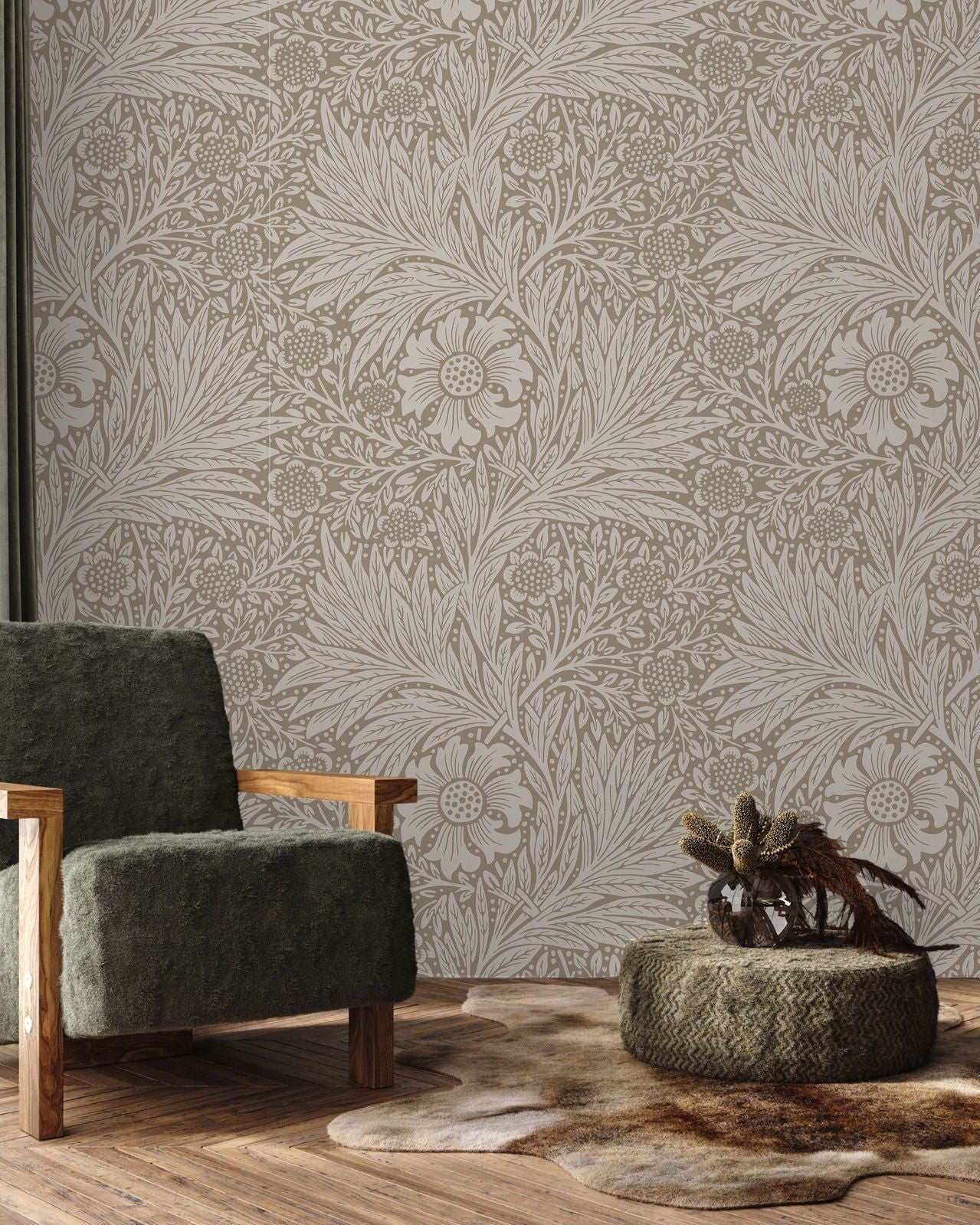 William Morris X Marigold Peel and Stick Wallpaper, Removable Wallpaper, Traditional Wallpaper - Brown | DeccoPrint