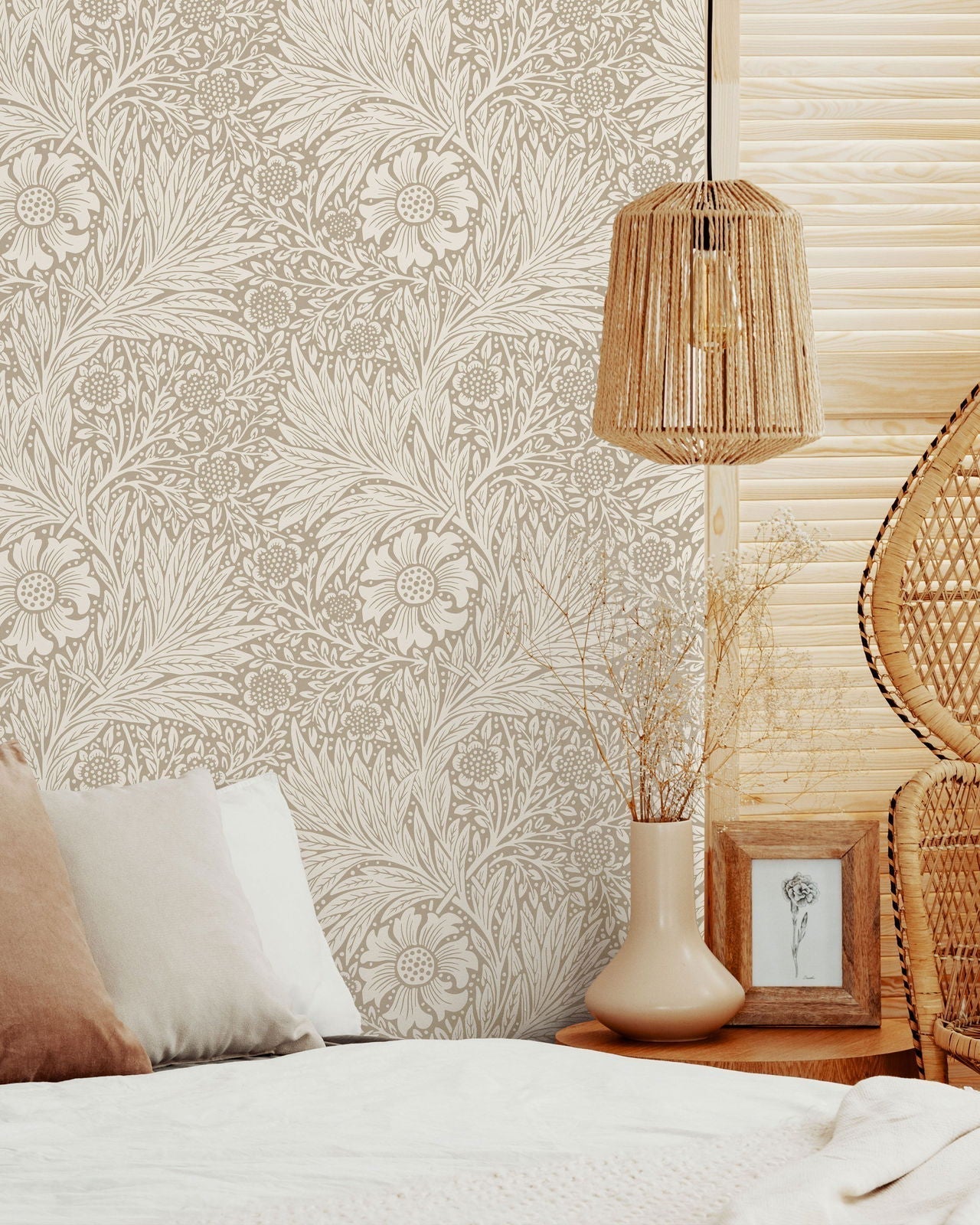 William Morris X Marigold Peel and Stick Wallpaper, Removable Wallpaper, Traditional Wallpaper - Brown | DeccoPrint