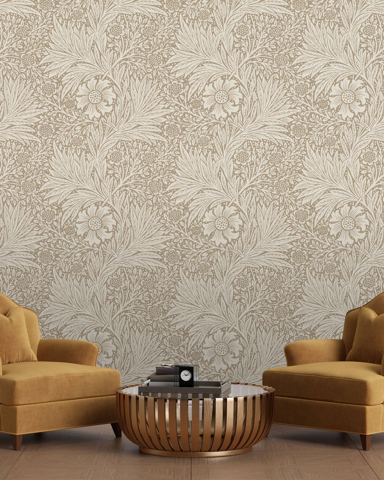William Morris X Marigold Peel and Stick Wallpaper, Removable Wallpaper, Traditional Wallpaper - Brown | DeccoPrint