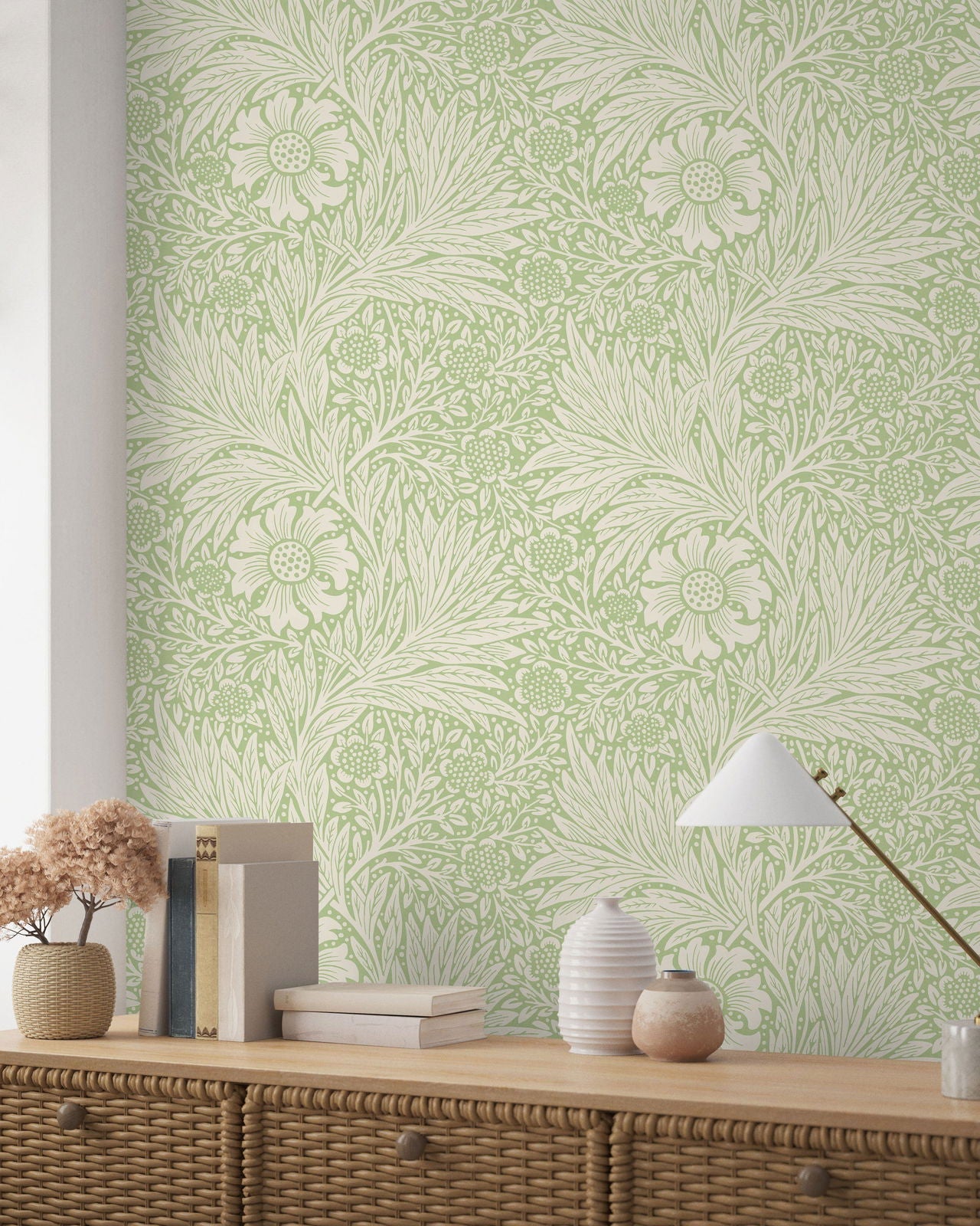 William Morris X Marigold Peel and Stick Wallpaper, Removable Wallpaper, Traditional Wallpaper - Green | DeccoPrint