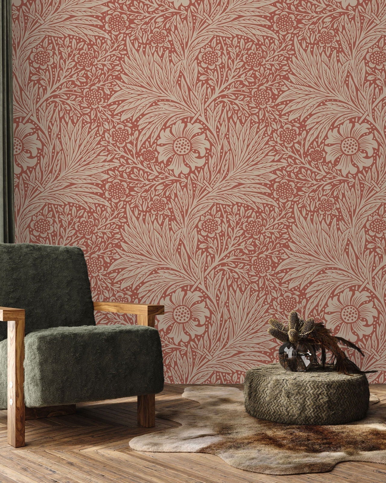 William Morris X Marigold Peel and Stick Wallpaper, Removable Wallpaper, Traditional Wallpaper - Red | DeccoPrint