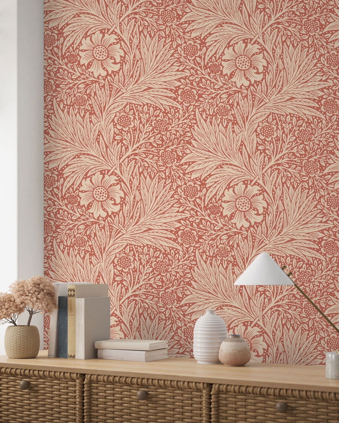 William Morris X Marigold Peel and Stick Wallpaper, Removable Wallpaper, Traditional Wallpaper - Red | DeccoPrint