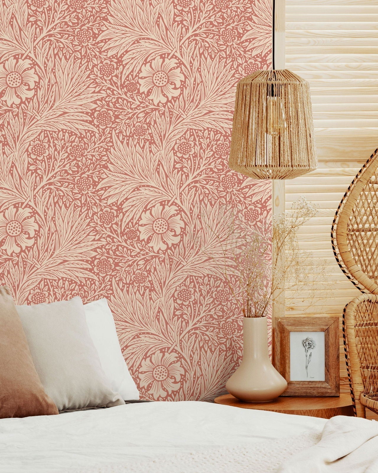 William Morris X Marigold Peel and Stick Wallpaper, Removable Wallpaper, Traditional Wallpaper - Red | DeccoPrint