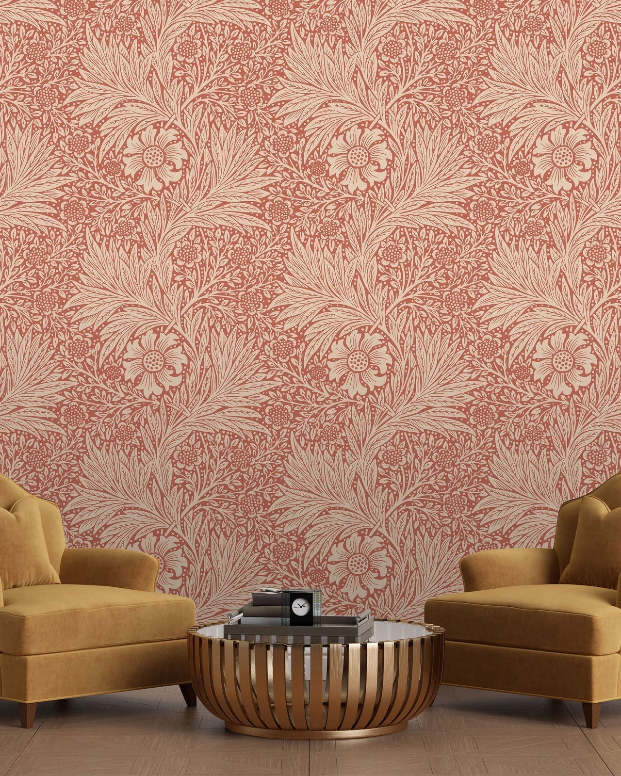 William Morris X Marigold Peel and Stick Wallpaper, Removable Wallpaper, Traditional Wallpaper - Red | DeccoPrint