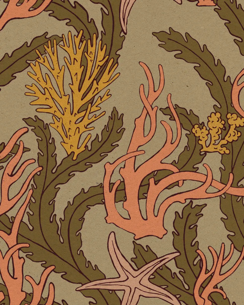 Seaweed and starfish pattern on a beige background