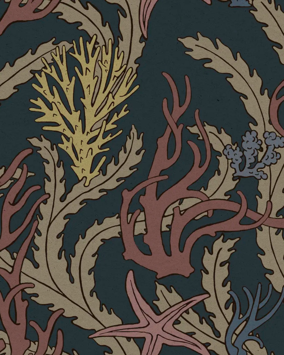 Seaweed and starfish pattern on a dark background