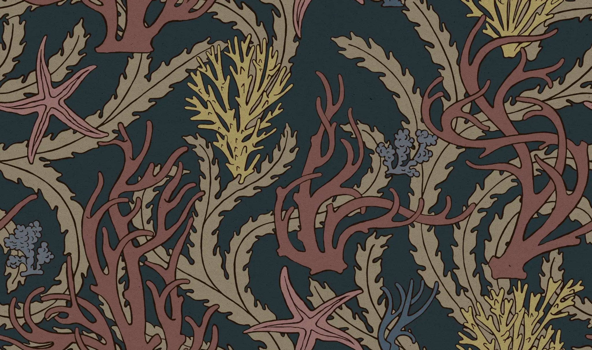 Seaweed and starfish pattern on a dark background