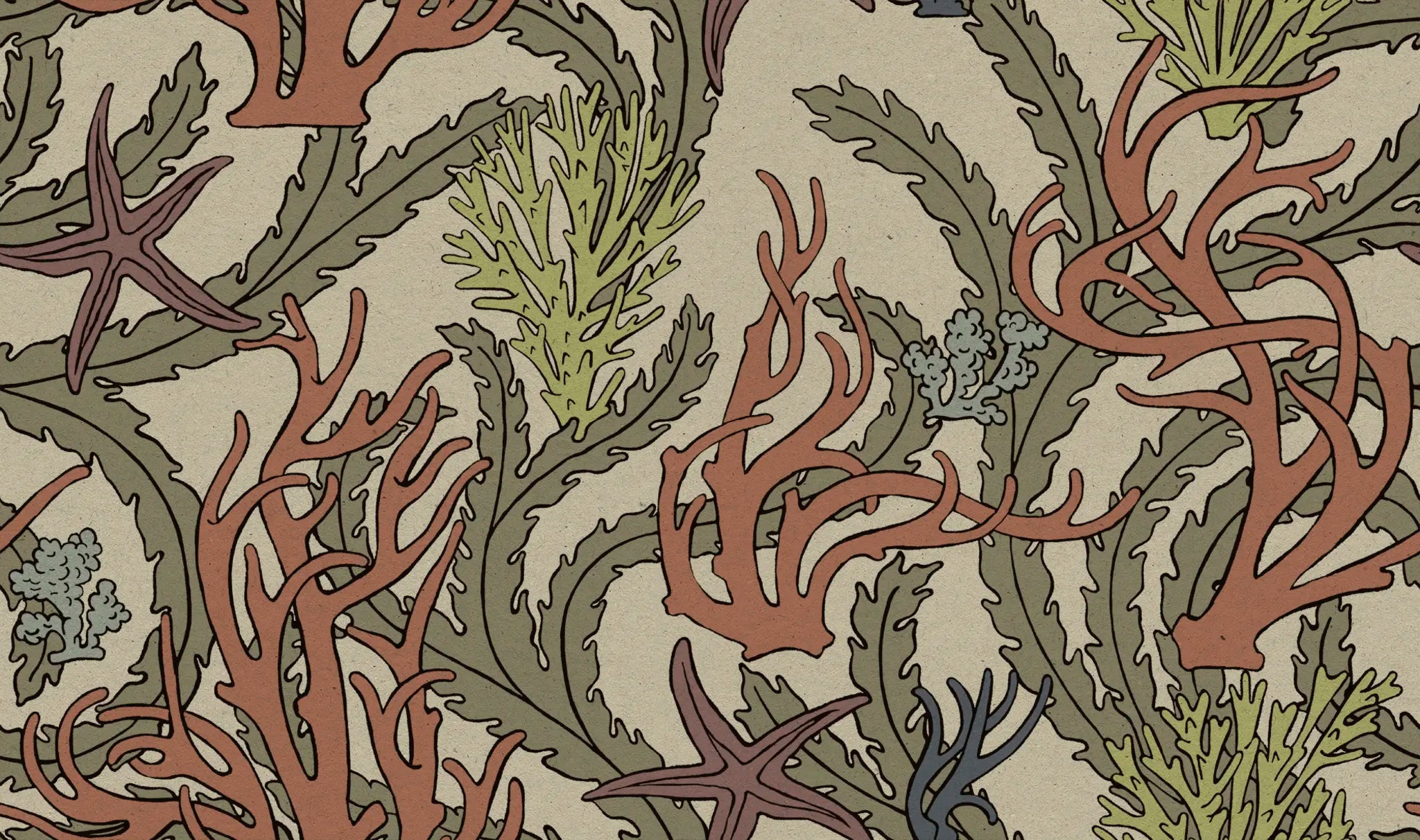 Seaweed and starfish pattern on a beige background