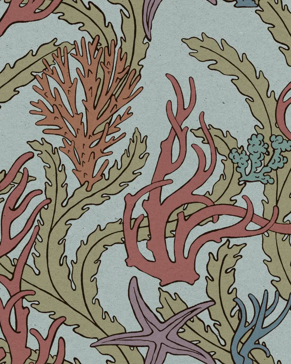 Seaweed and starfish pattern on a light blue background