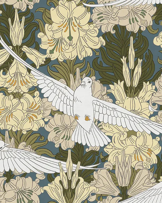 Decorative pattern with birds and flowers on a black background