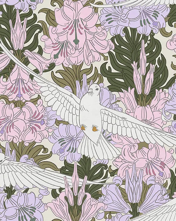 Decorative pattern with doves and flowers in pastel colors on a light background