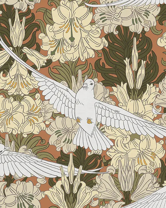 Pattern of white doves and yellow lilies on a brown background
