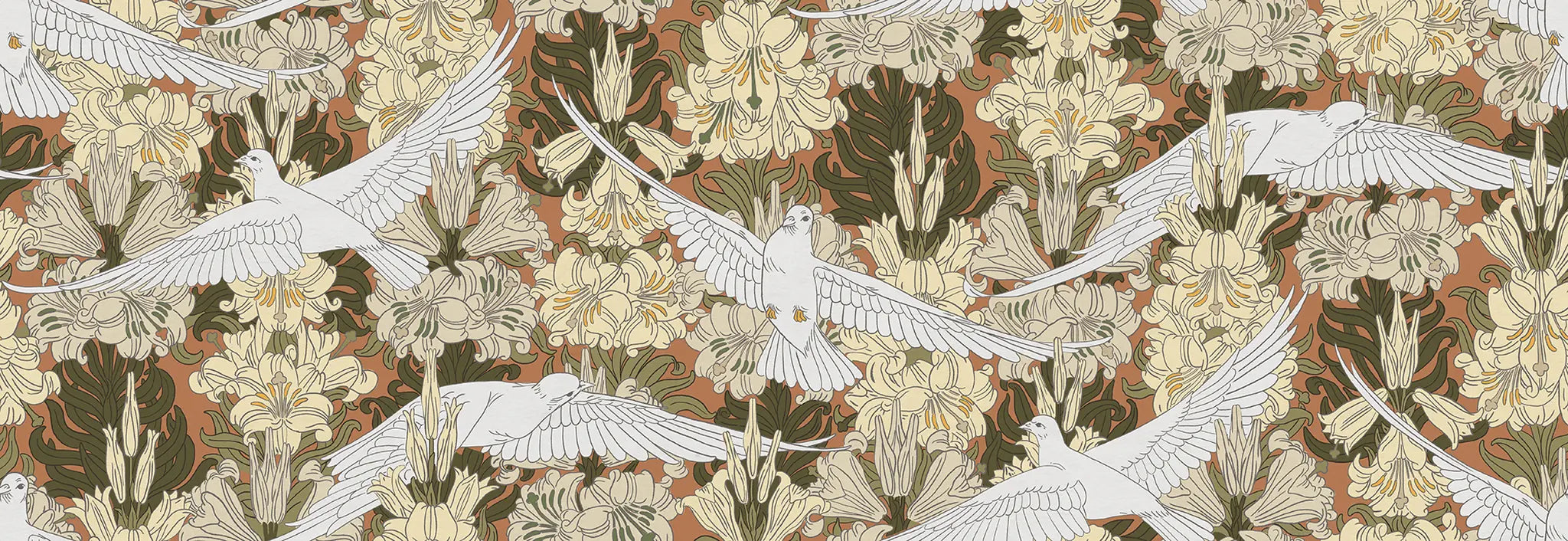Pattern of white doves and yellow lilies on a brown background