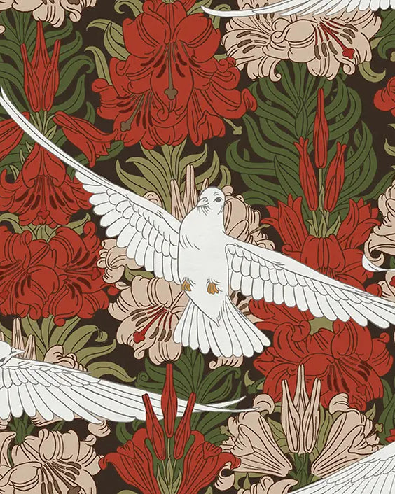 Pattern of white doves and red flowers on a dark background
