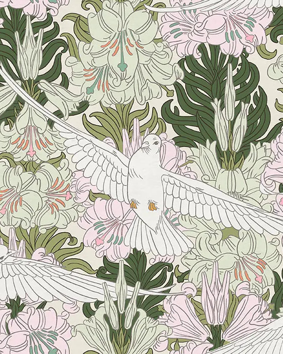 Decorative pattern with doves, flowers, and leaves on a light background