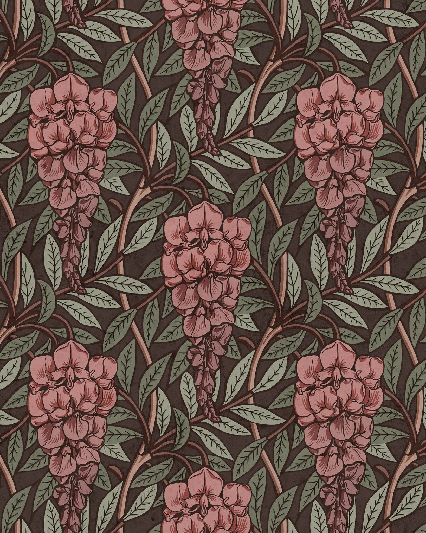 Pattern of dark pink flowers and green leaves on a dark brown background