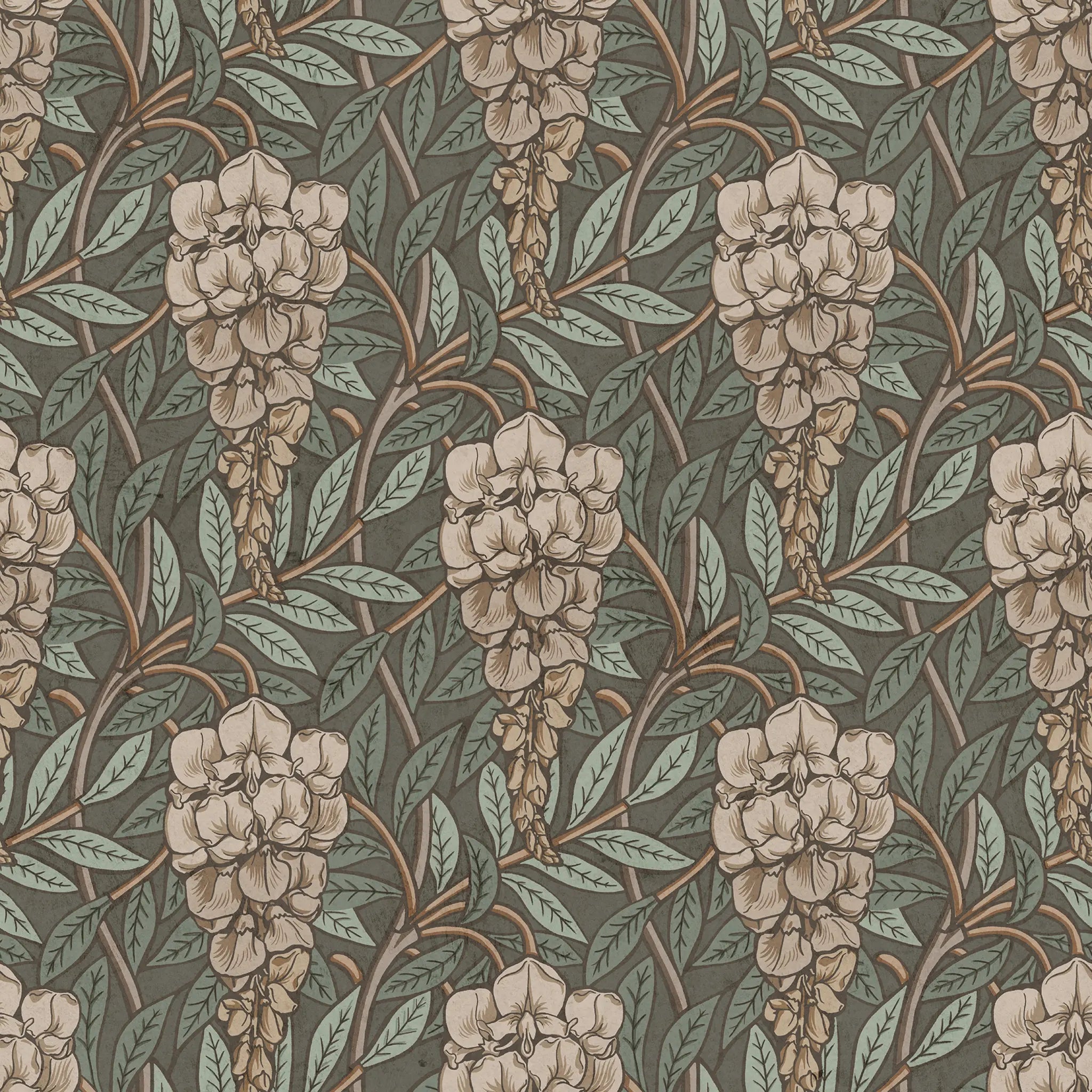 Floral pattern with beige flowers and green leaves on a muted brown background