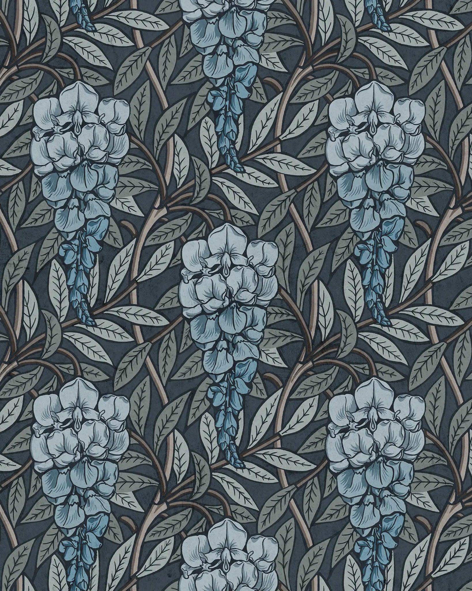 Pattern of blue flowers and green leaves on a dark blue-gray background