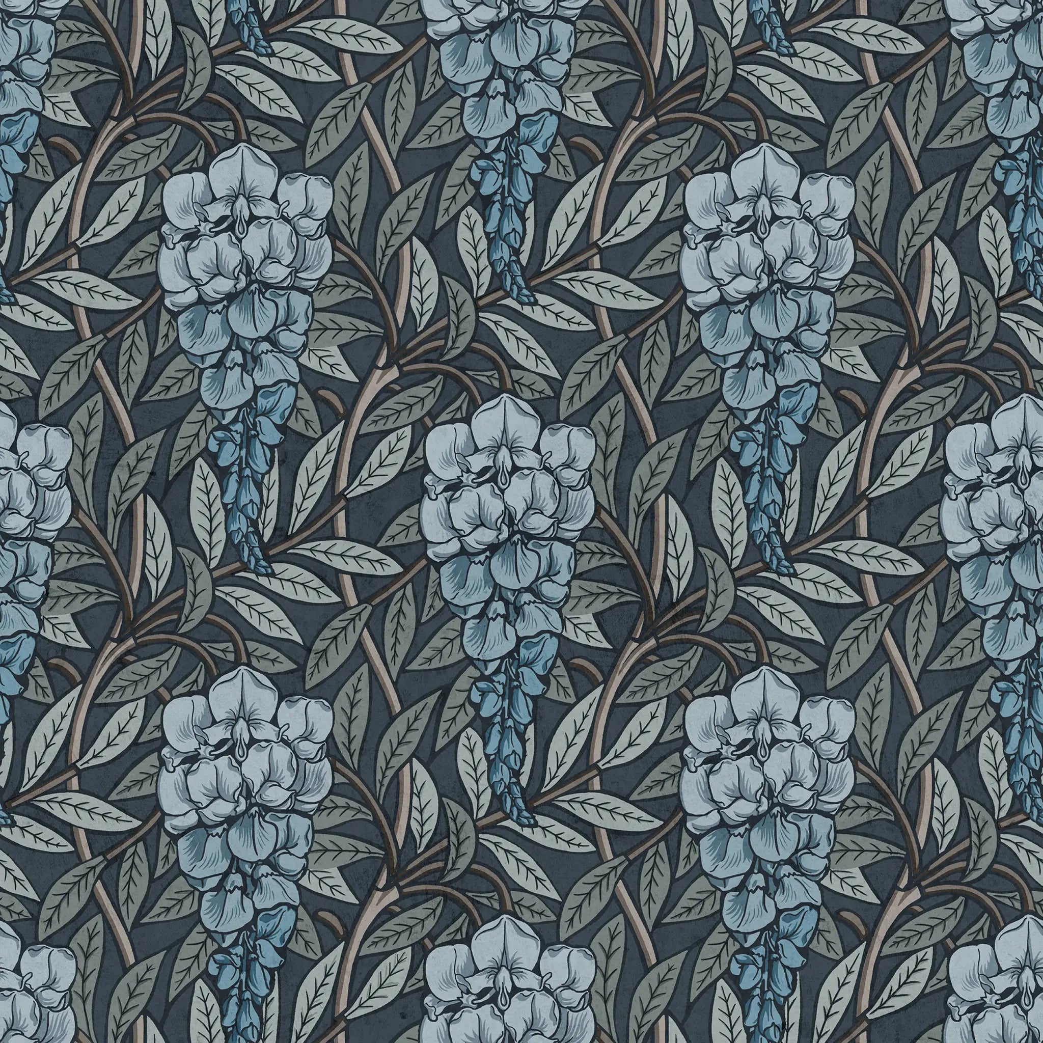 Pattern of blue flowers and green leaves on a dark blue-gray background