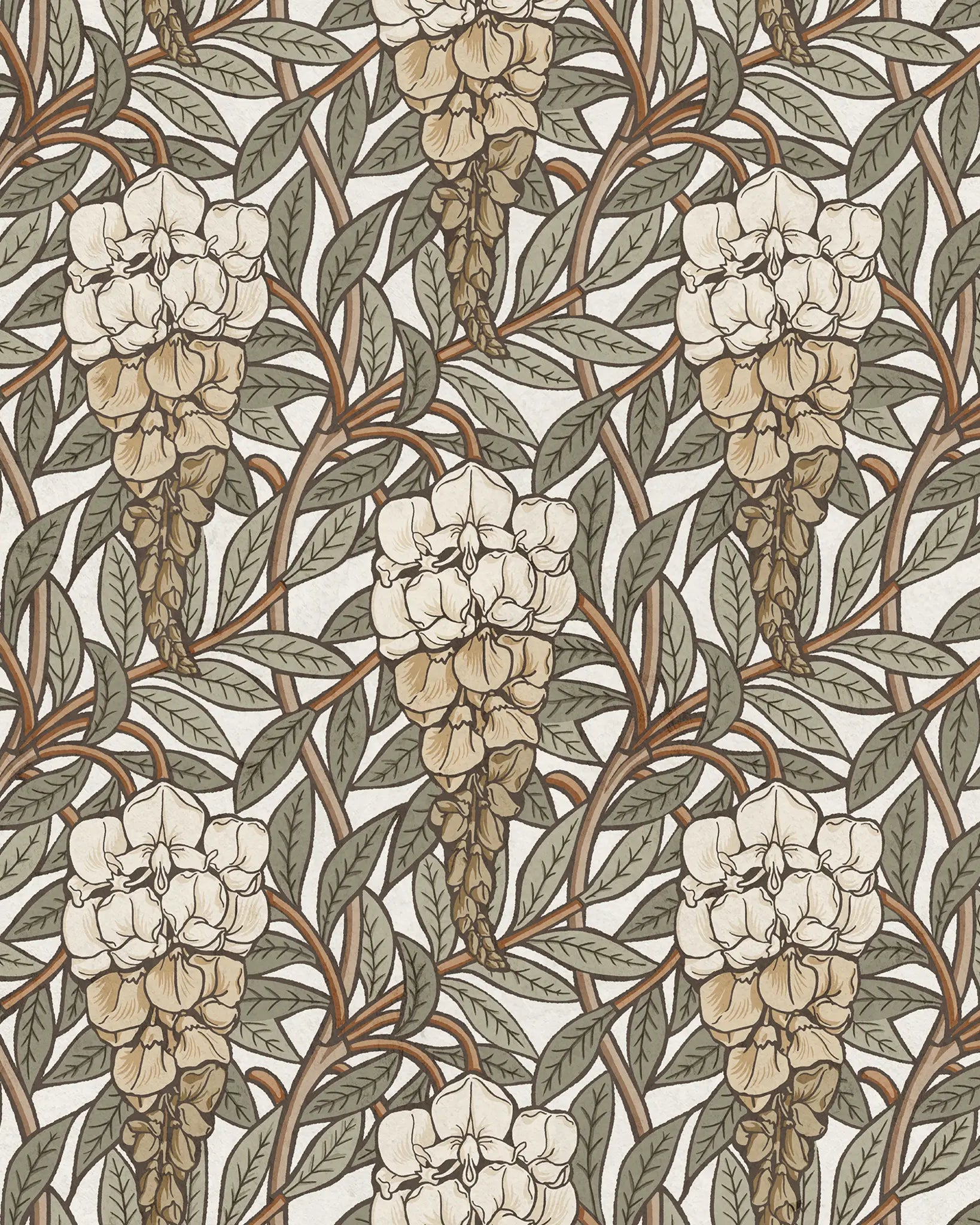 Floral pattern with subtle white-green flowers and beigge green leaves on a white background