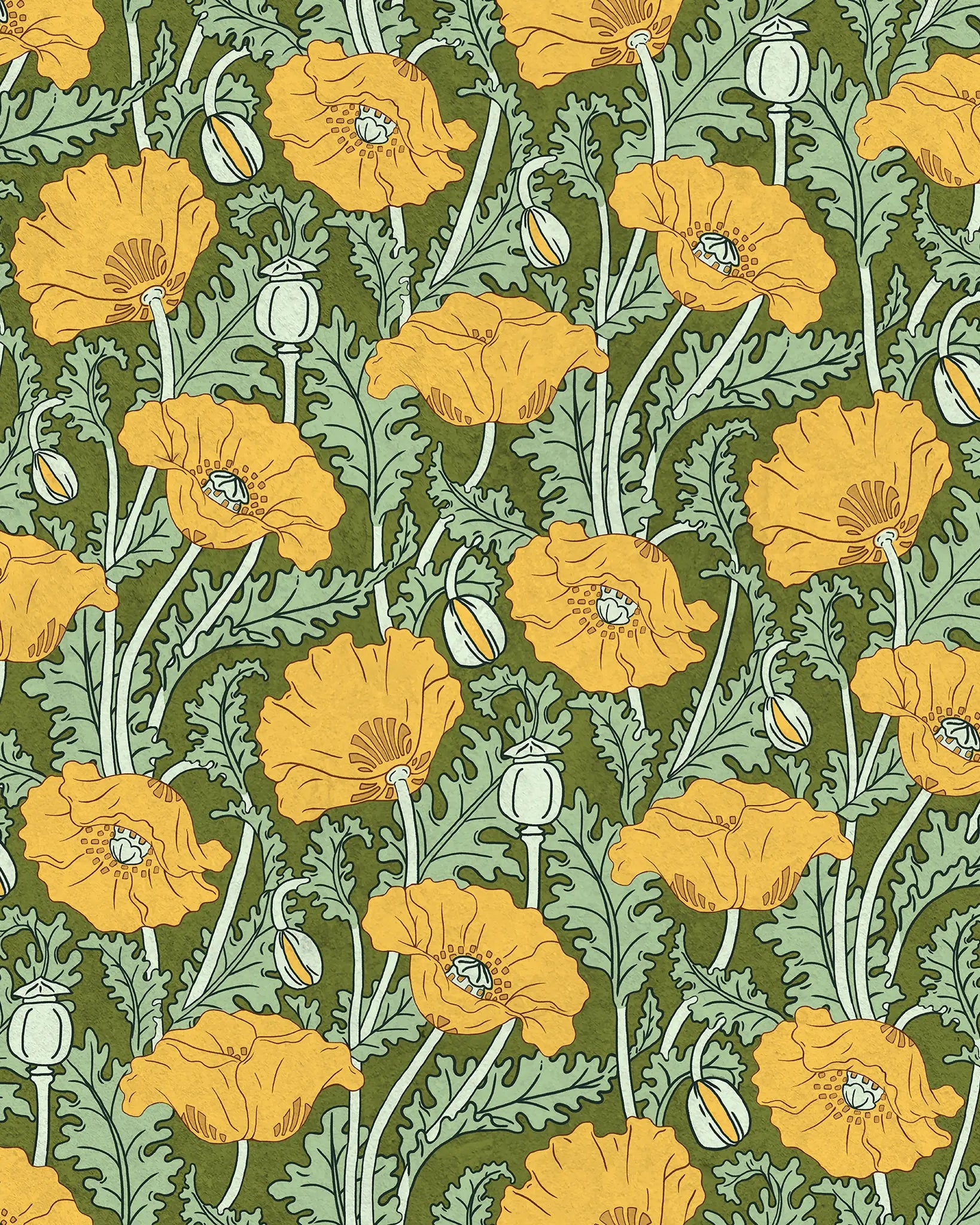 Pattern of yellow flowers and green leaves on a green background