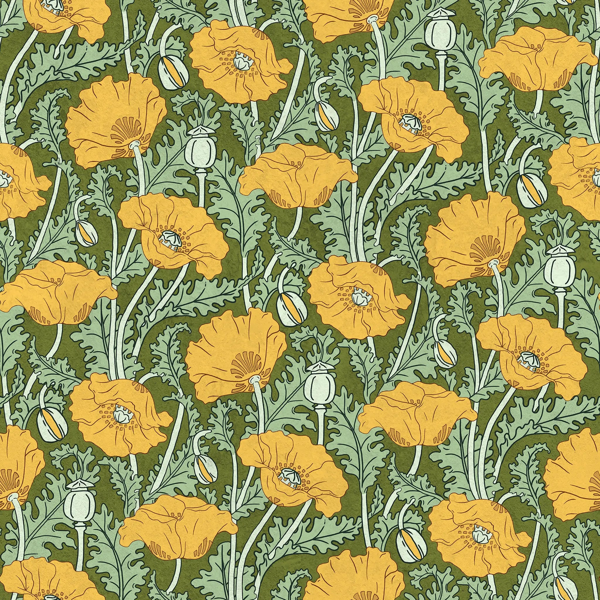 Pattern of yellow flowers and green leaves on a green background