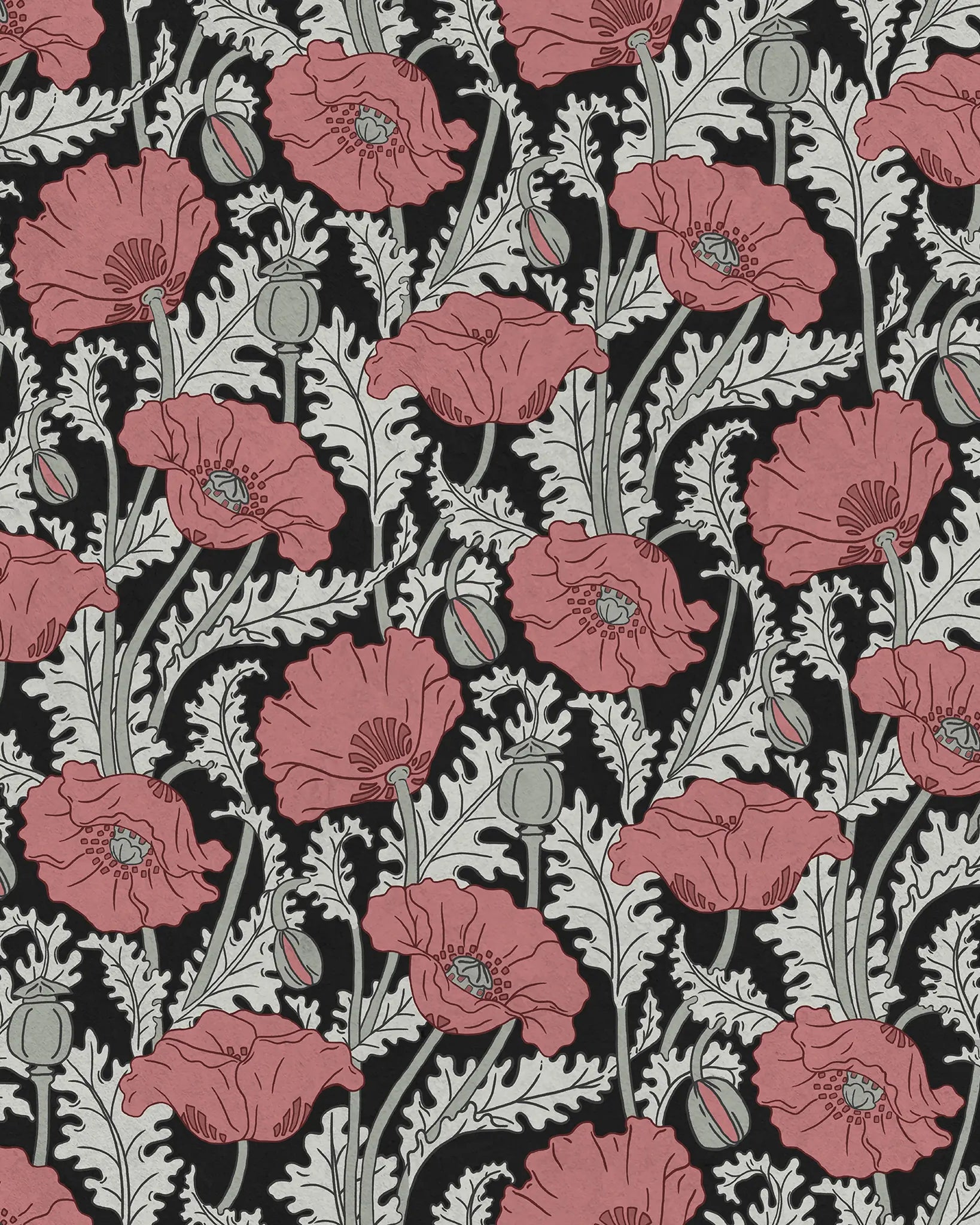 Pattern of pink flowers with green leaves on a black background