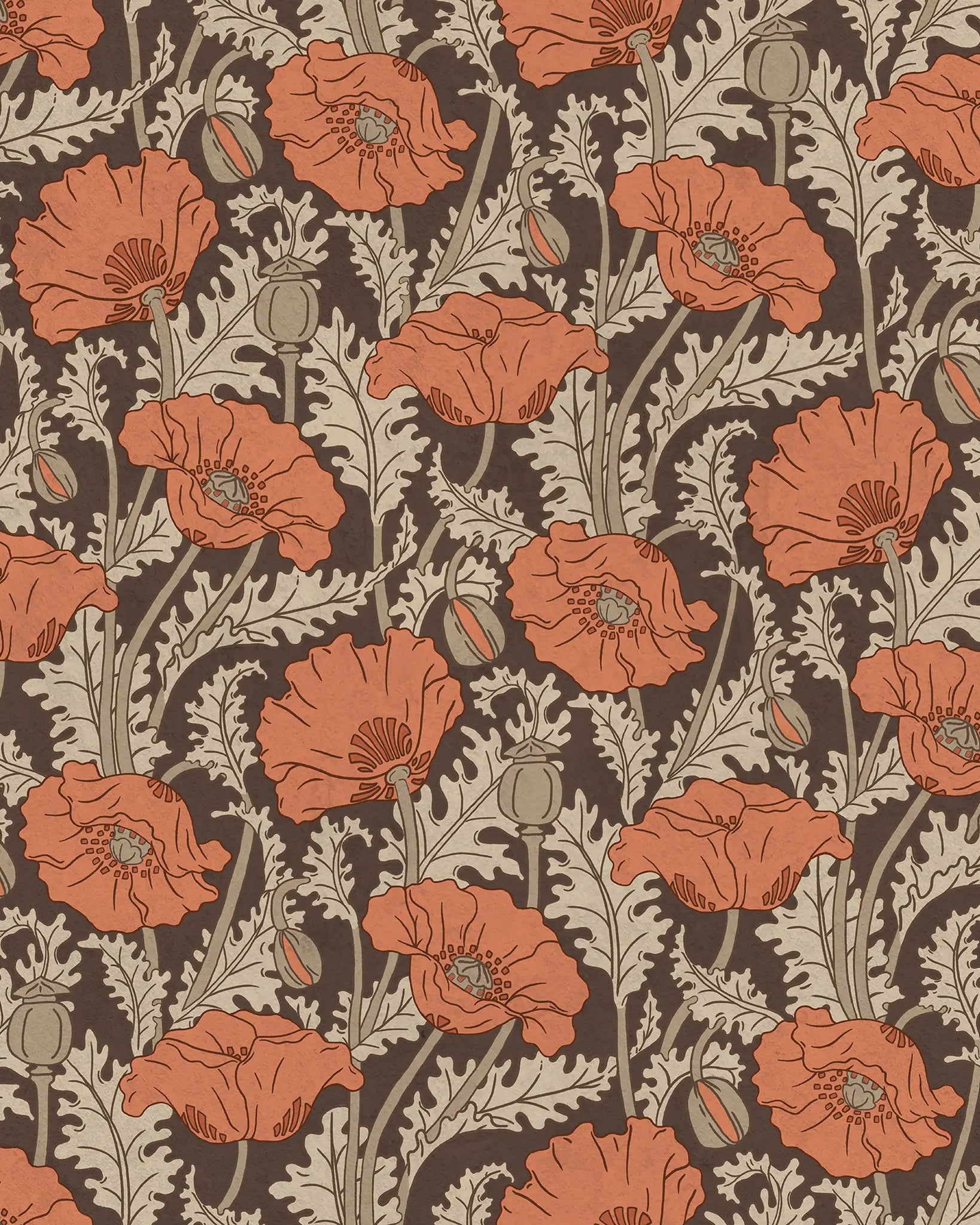 Pattern of orange poppies on a dark background