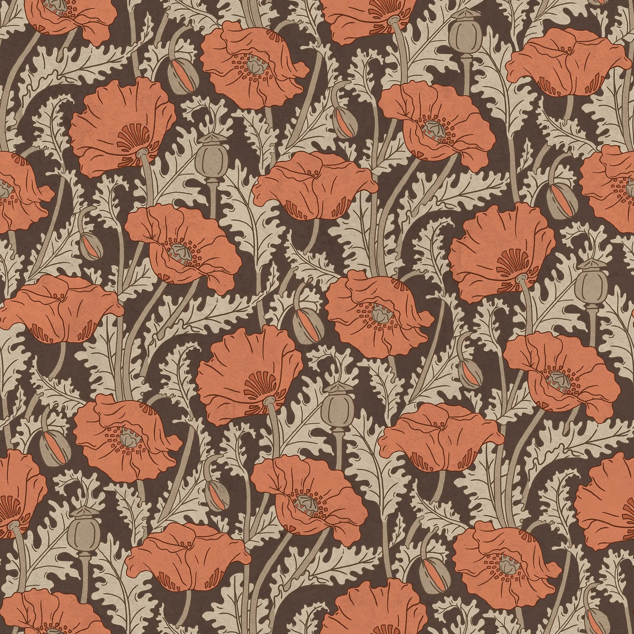 Pattern of orange poppies on a dark background