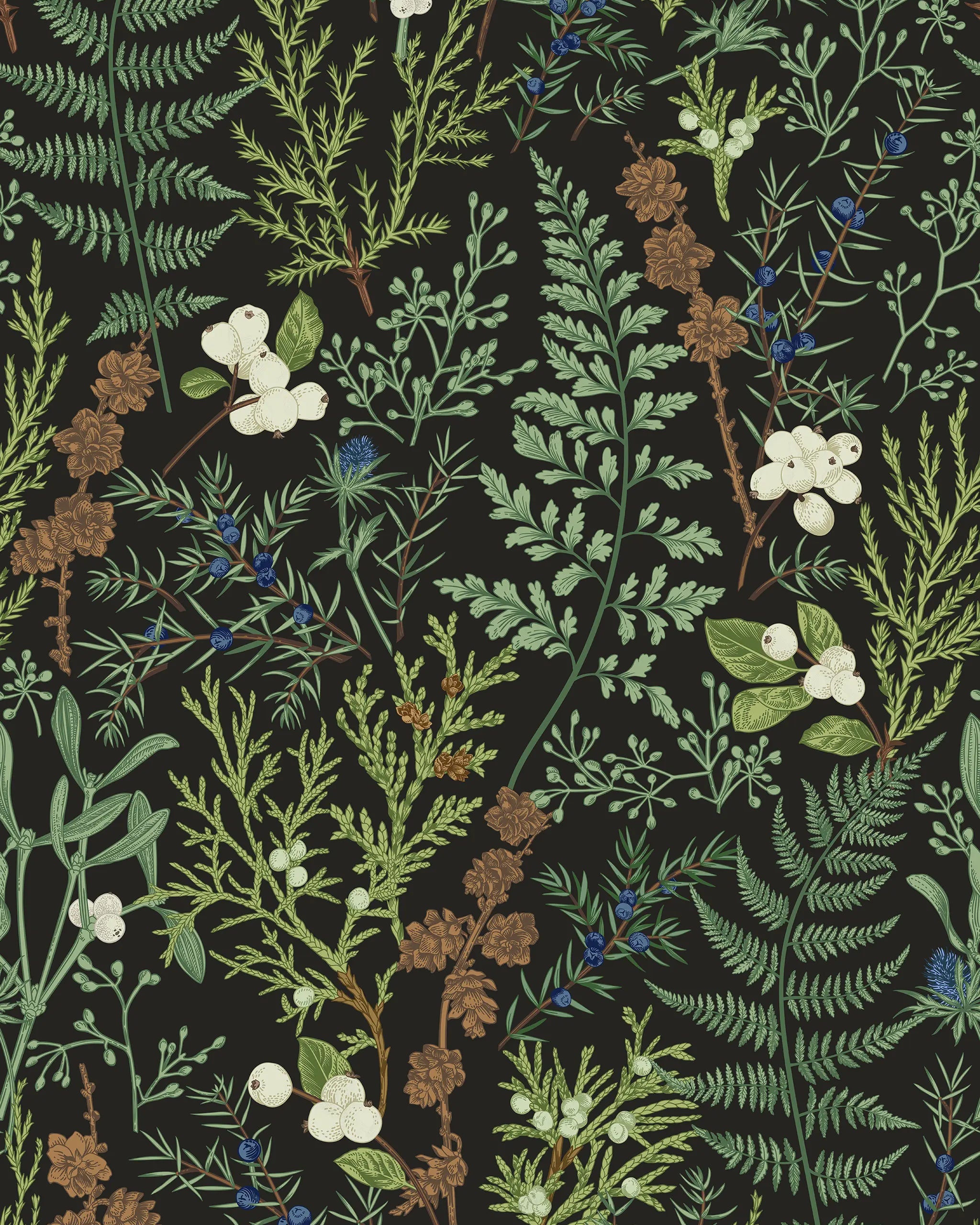 Pattern of green foliage and white berries on a black background