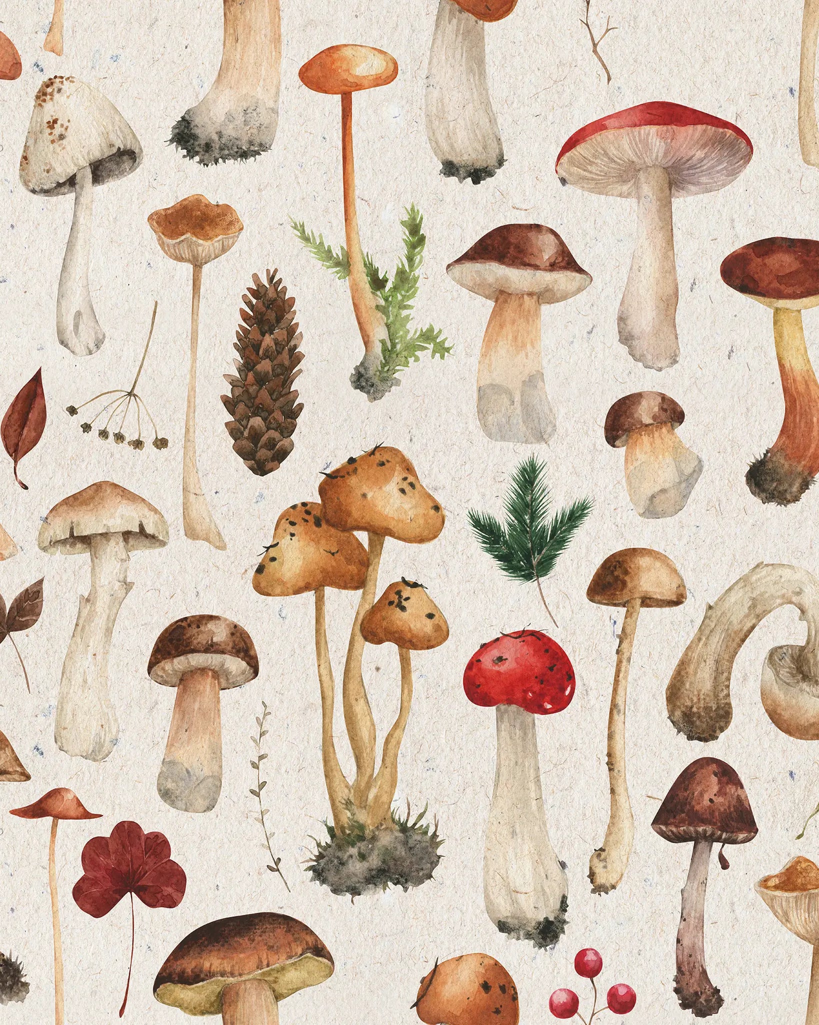 Pattern of various mushrooms and foliage on a beige background