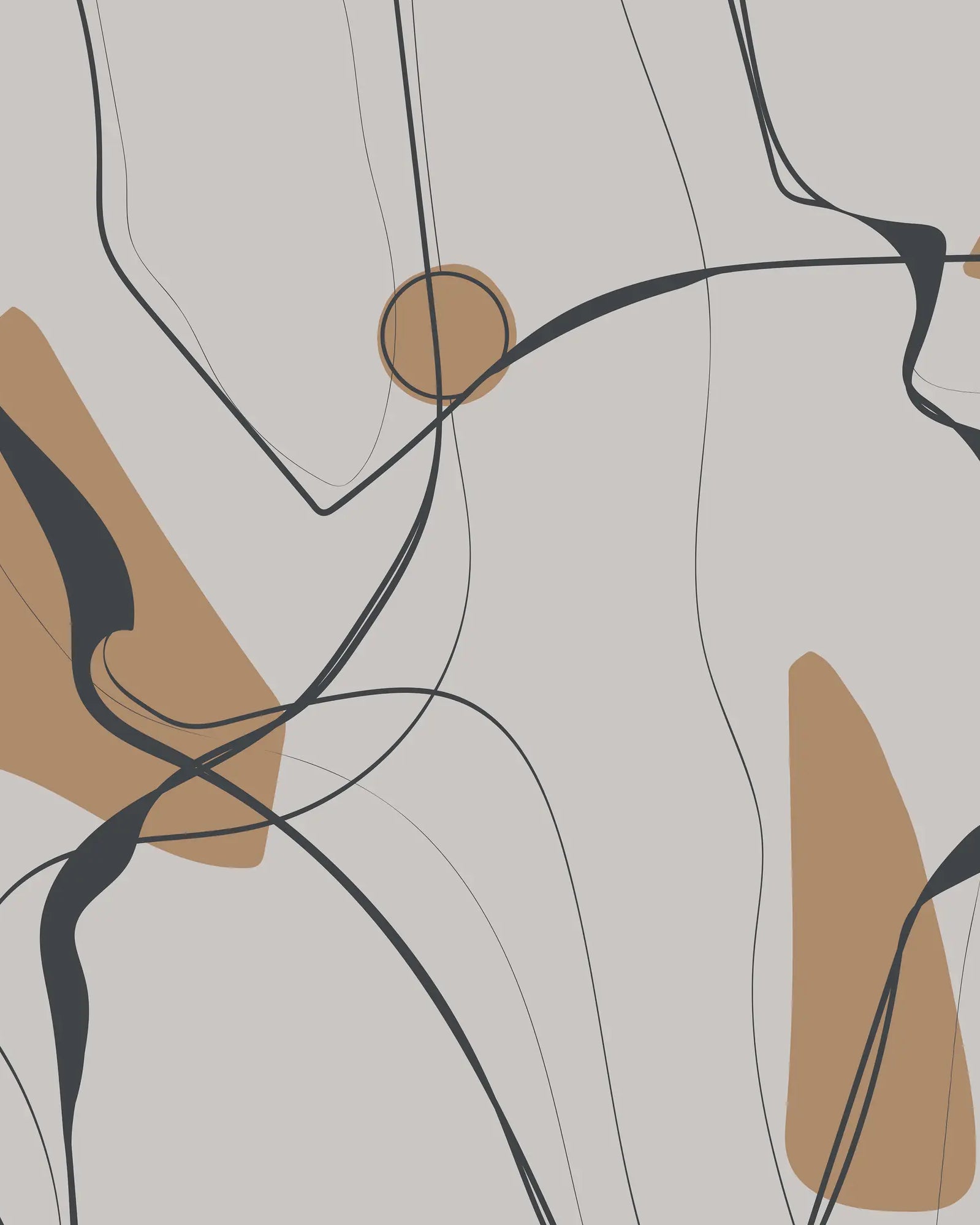 Abstract art with brown and black shapes on a light gray background