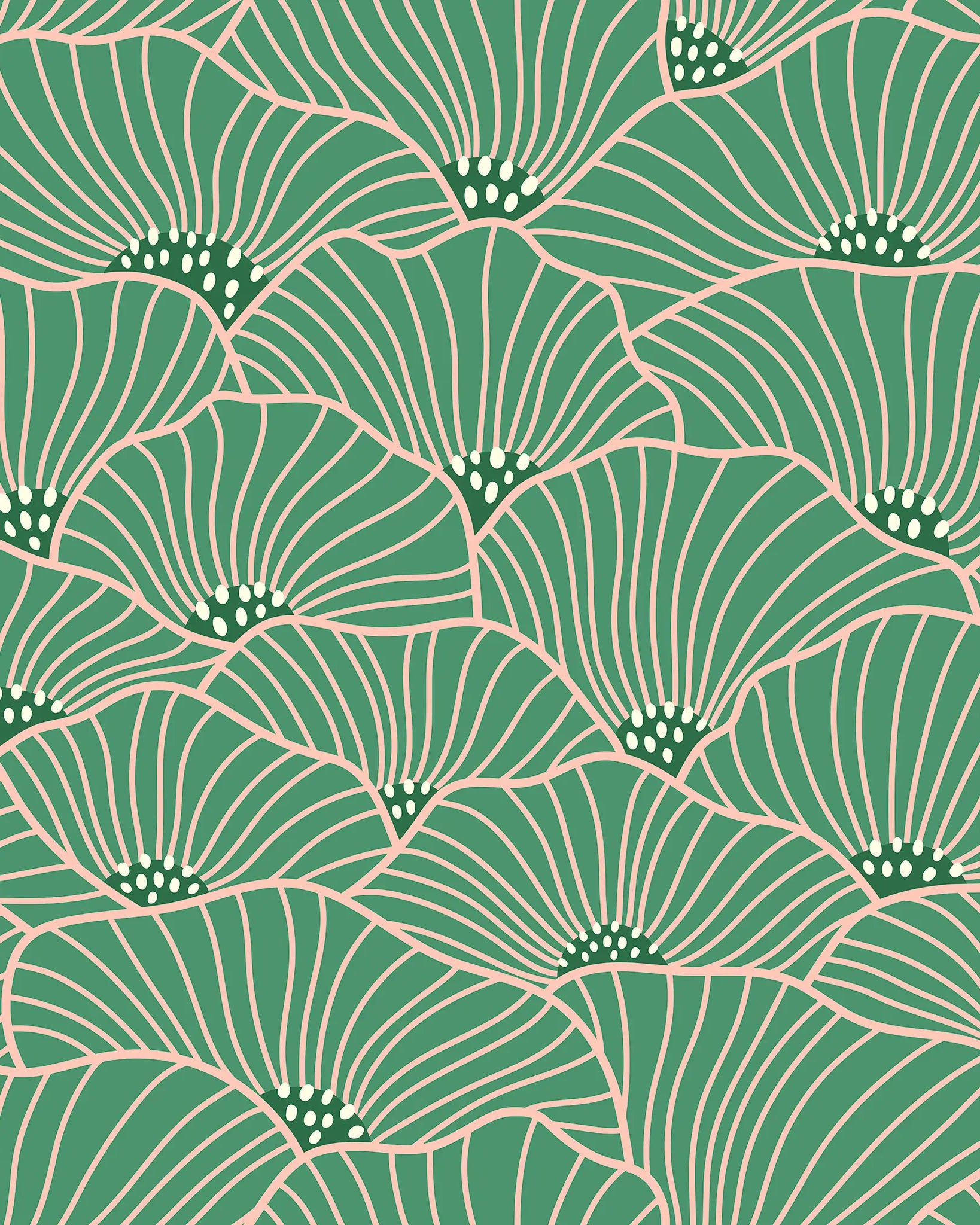 Pattern of fan shapes with white lines on a green background