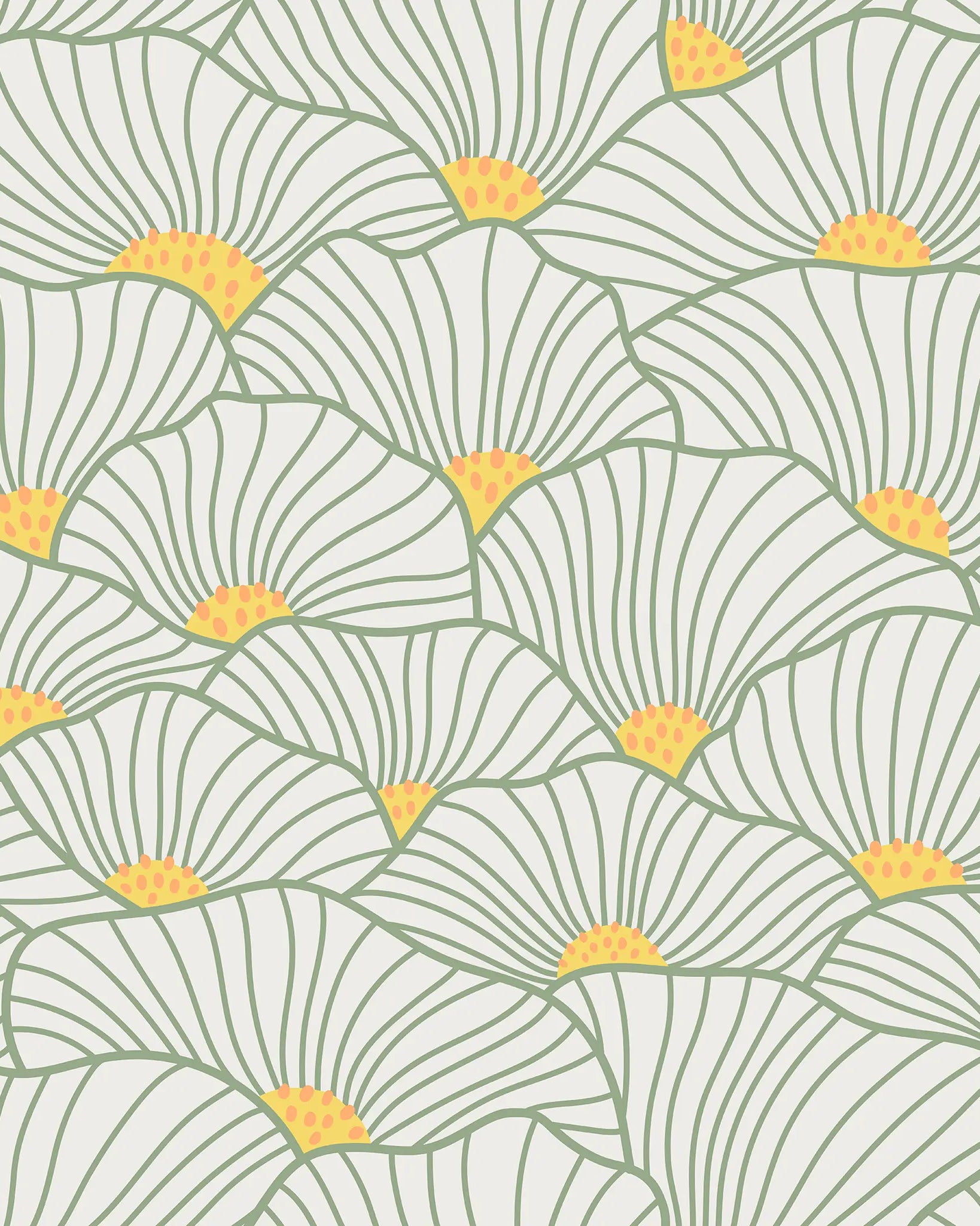 Pattern of green leaves with yellow centers on a light green background