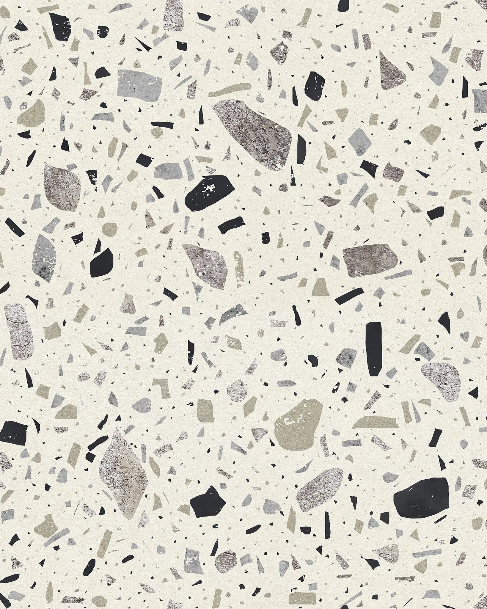 Terrazzo pattern with beige multicolored textured chips on a white background