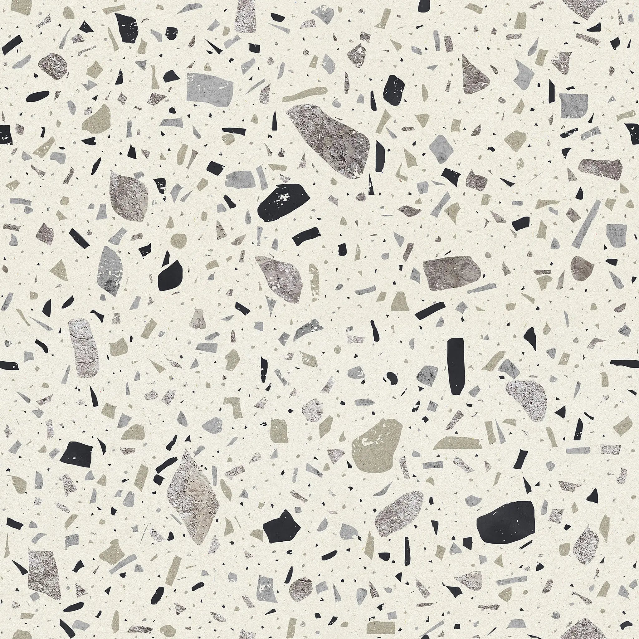 Terrazzo pattern with beige multicolored textured chips on a white background
