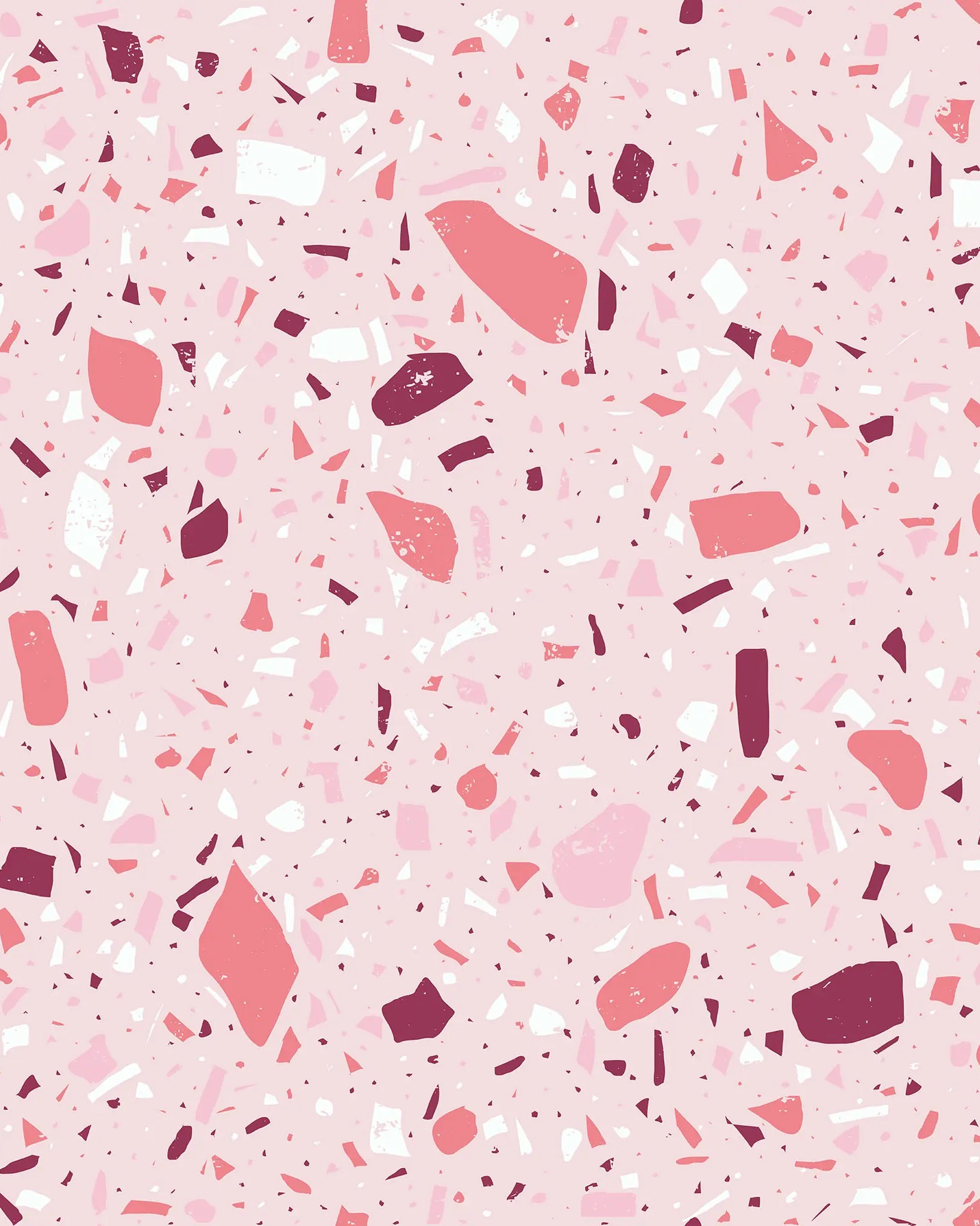 Pink terrazzo pattern with various shapes and sizes on a pink background