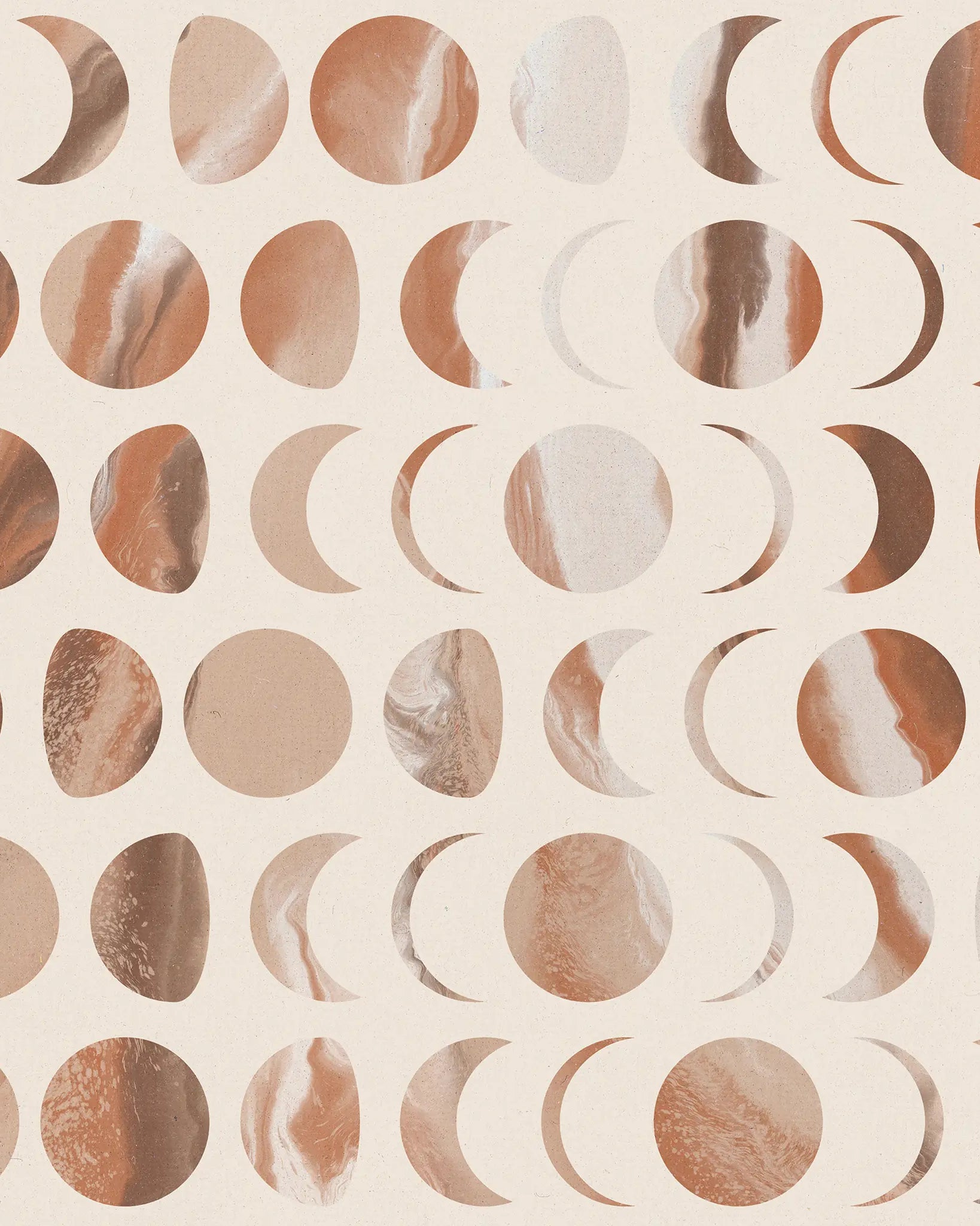 Pattern of moon phases in brown and beige tones on a beige background