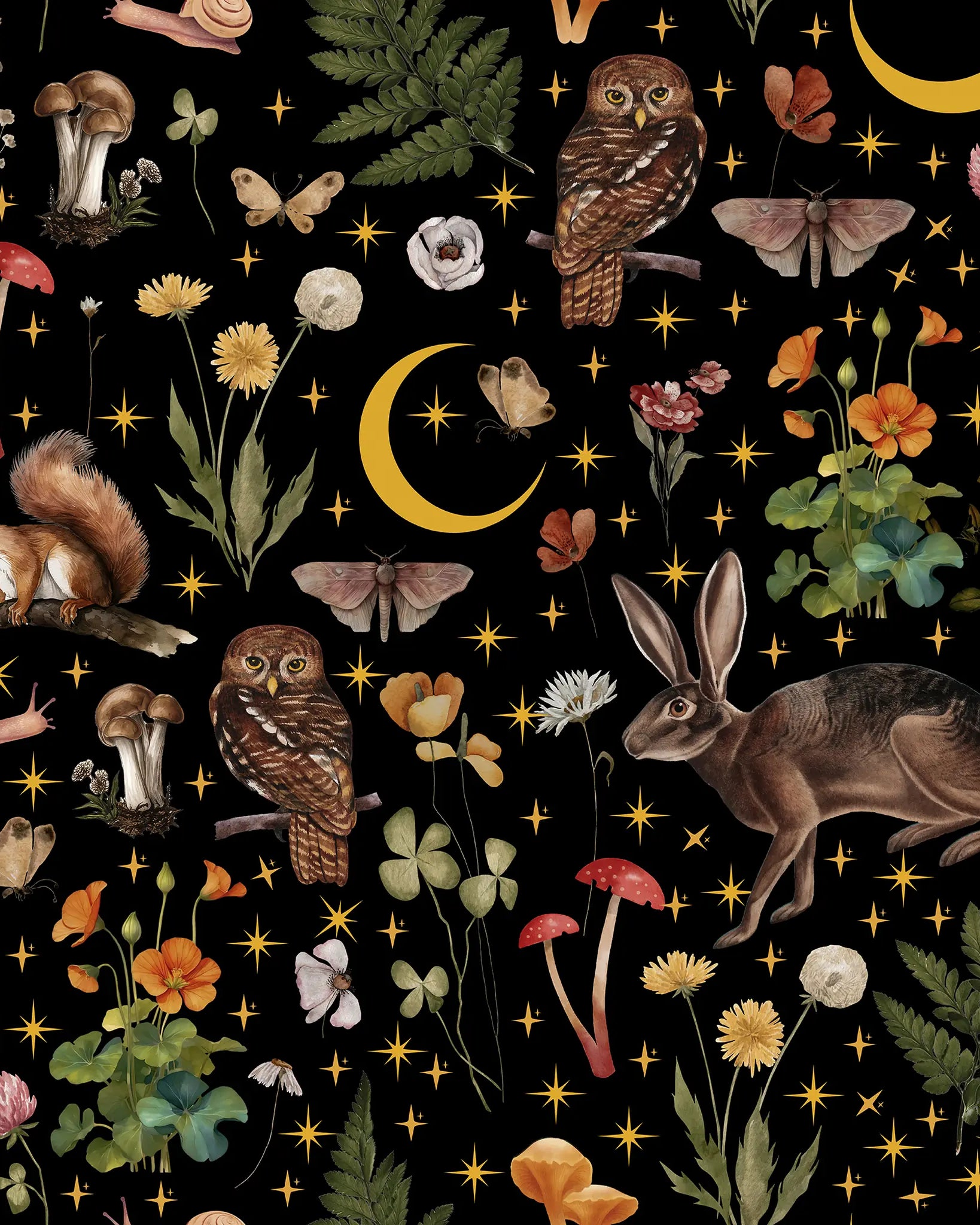 Nature-themed pattern with animals, plants, and celestial elements on a black background.