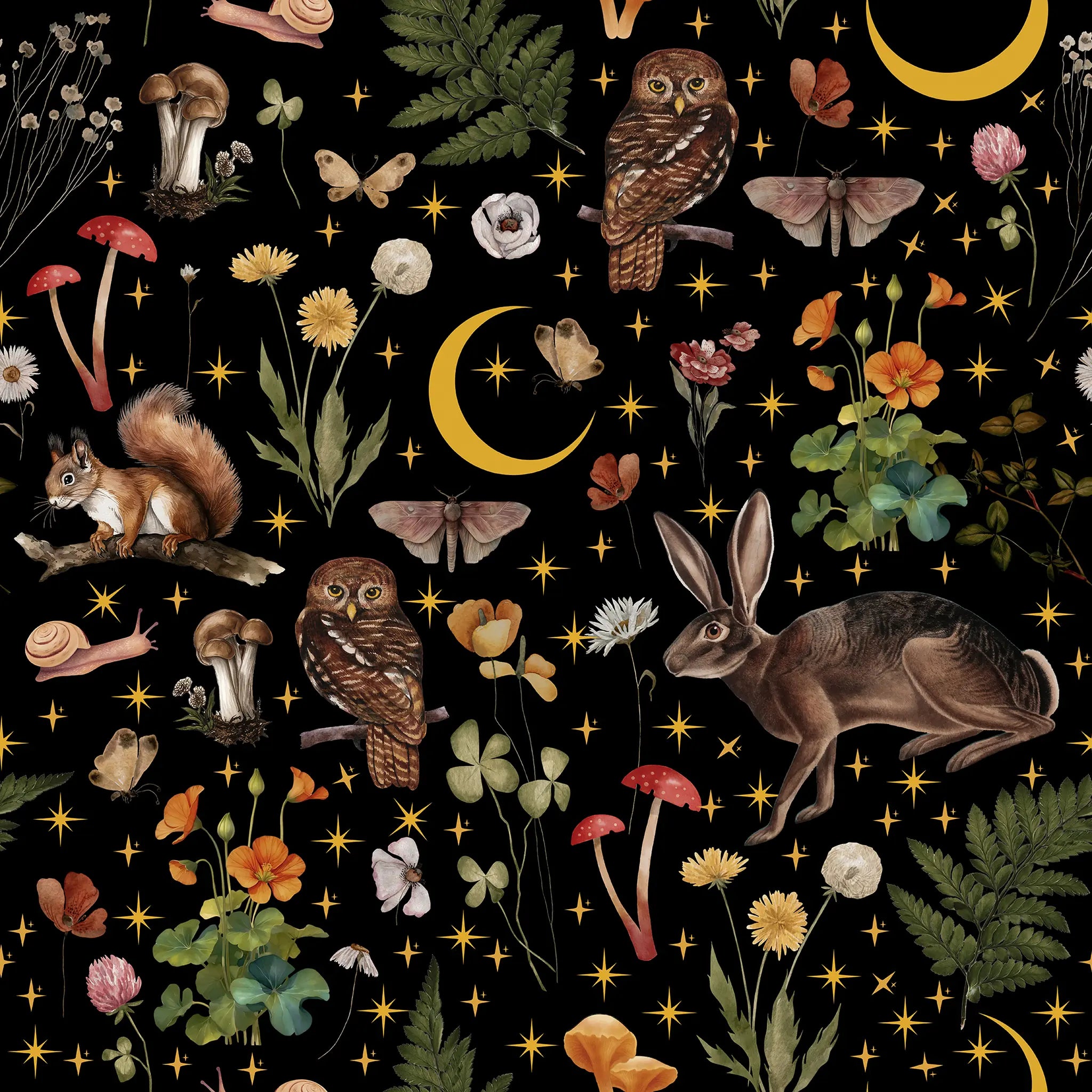 Nature-themed pattern with animals, plants, and celestial elements on a black background.