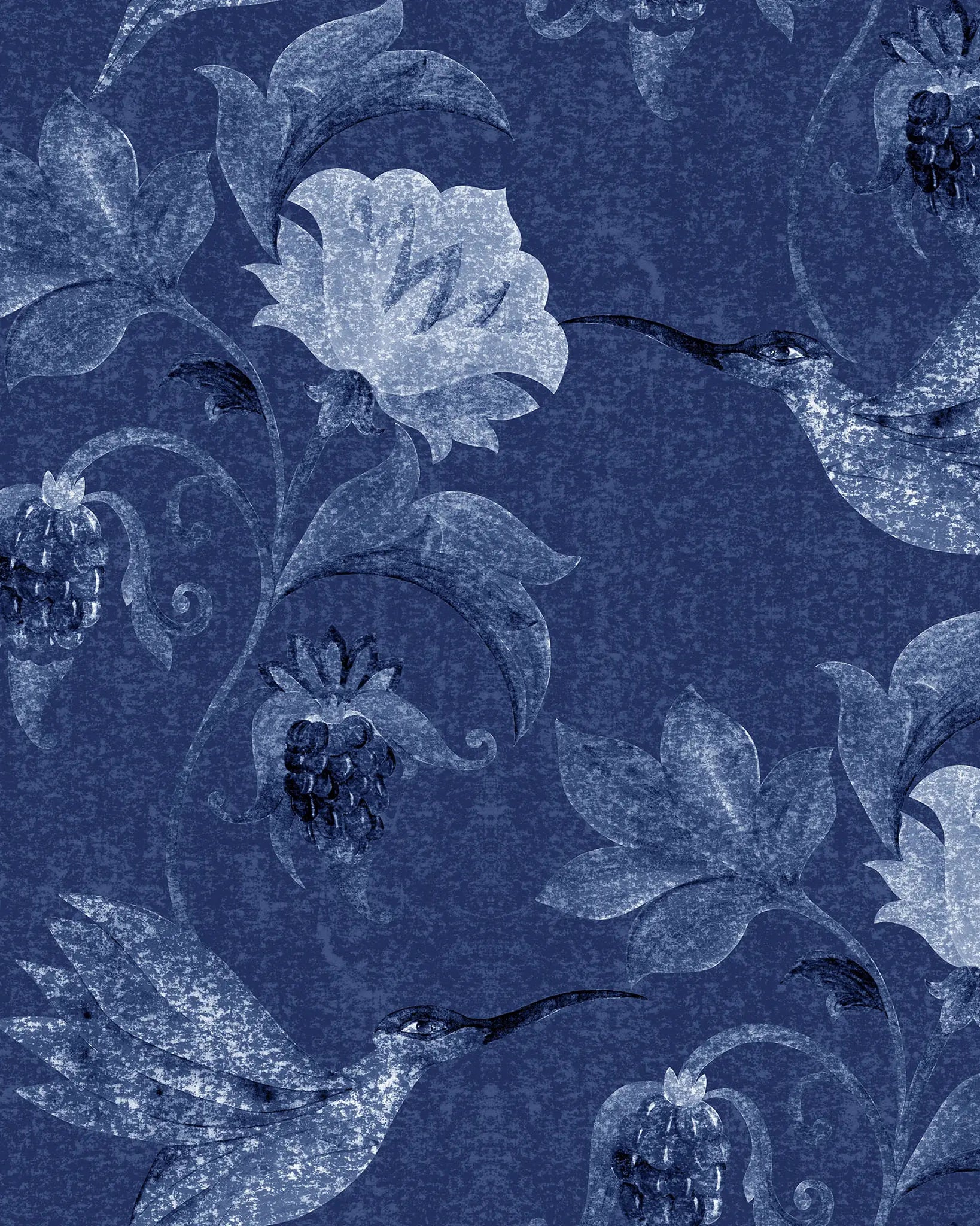 Floral pattern with blue and white flowers on a blue background