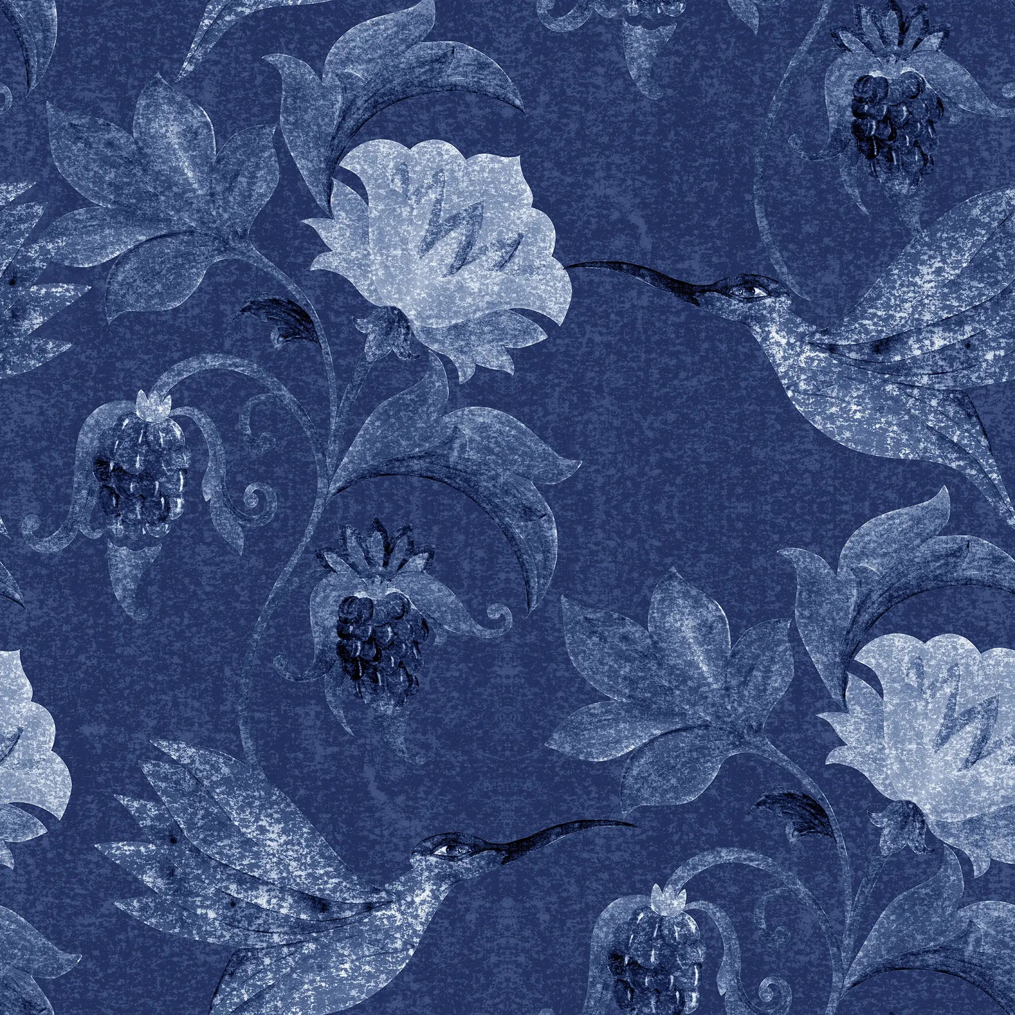 Floral pattern with blue and white flowers on a blue background