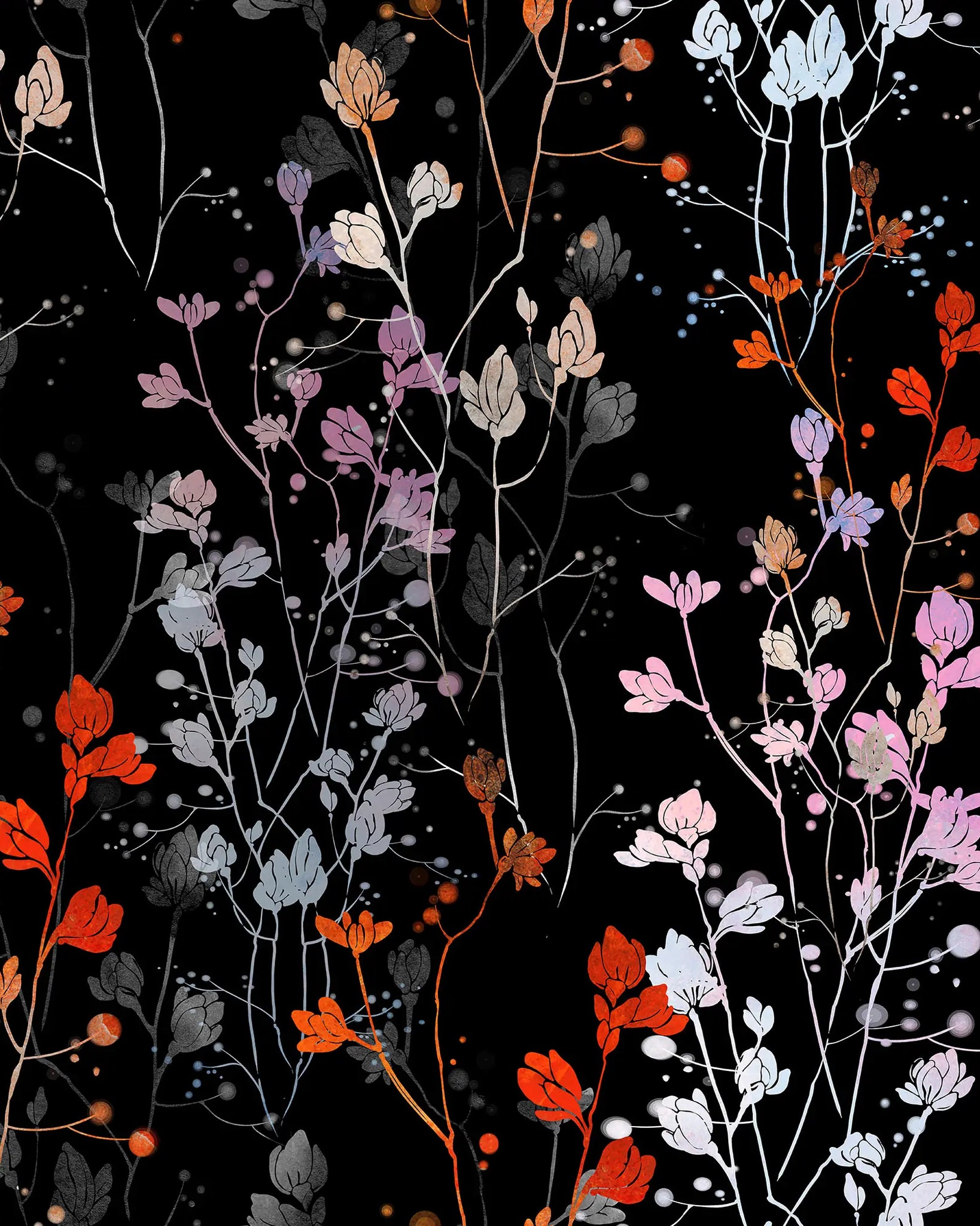 Floral pattern with colorful flowers on a black background