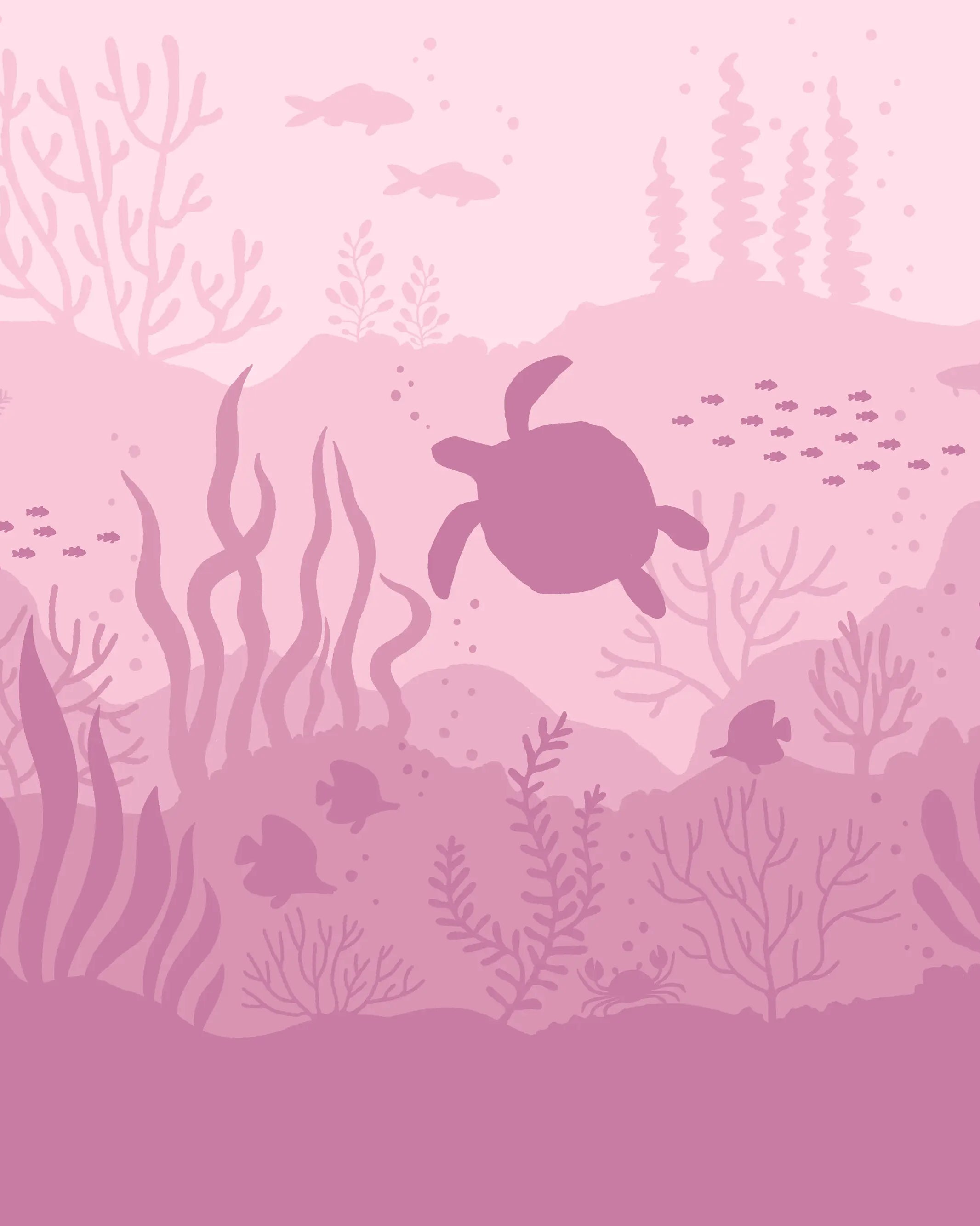 Underwater scene with a turtle and coral on a pink background