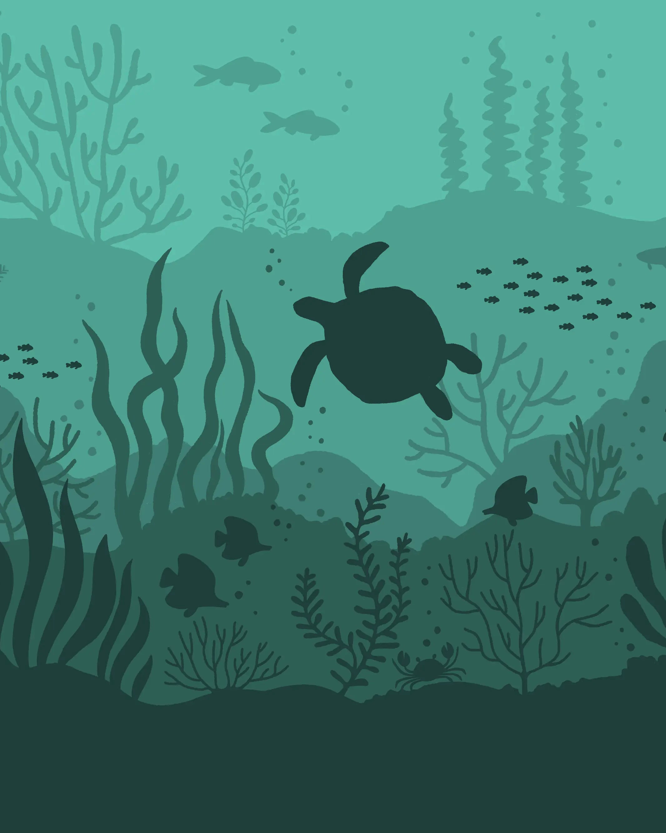 Underwater scene with a turtle and marine life on a teal background
