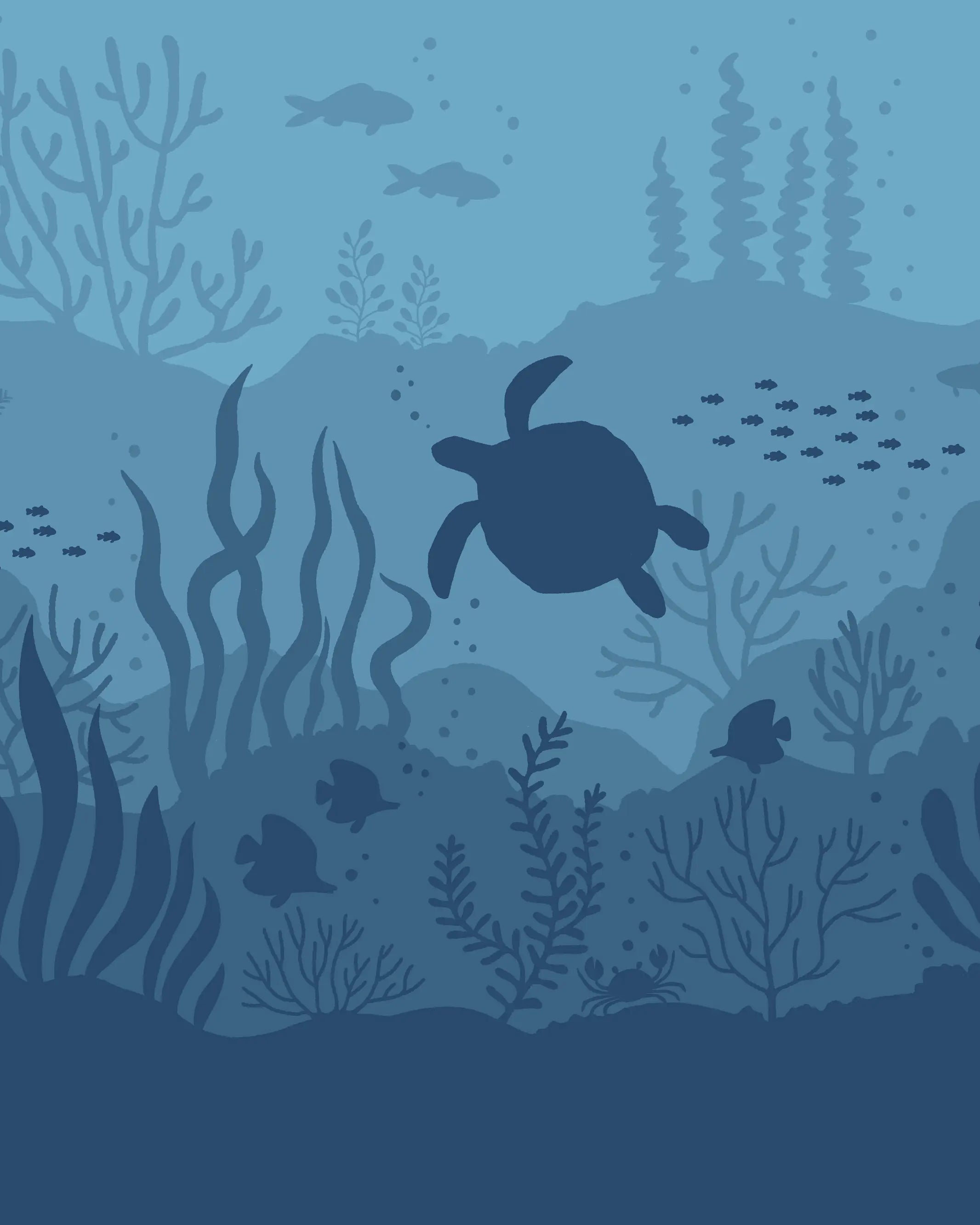 Underwater scene with a turtle and fish, featuring blue coral and plants.
