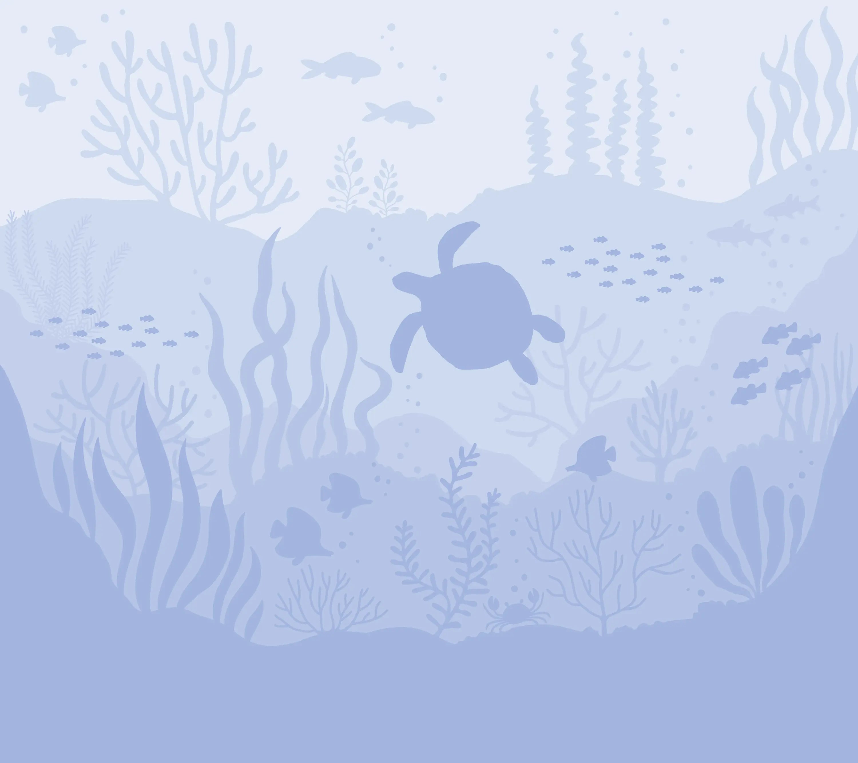 Underwater scene with a turtle and coral on a light blue background