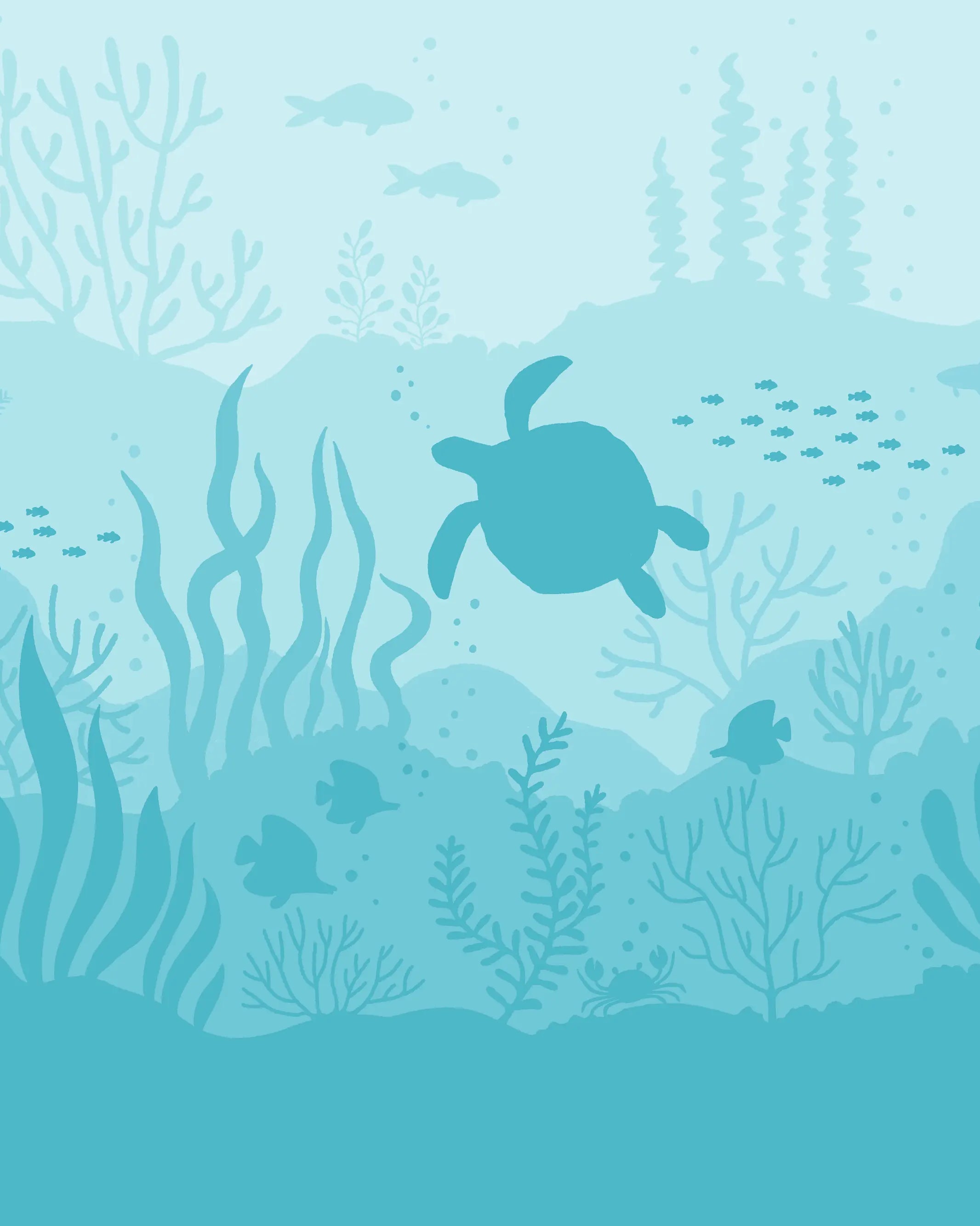Underwater scene with a turtle and coral on a light blue background