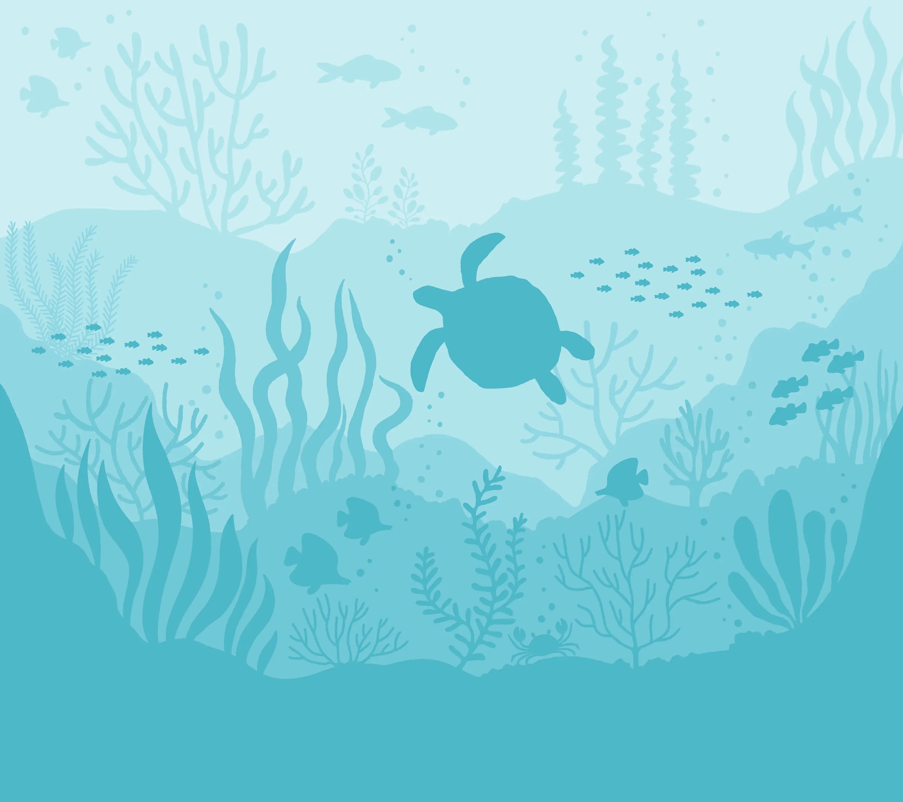 Underwater scene with a turtle and coral on a light blue background